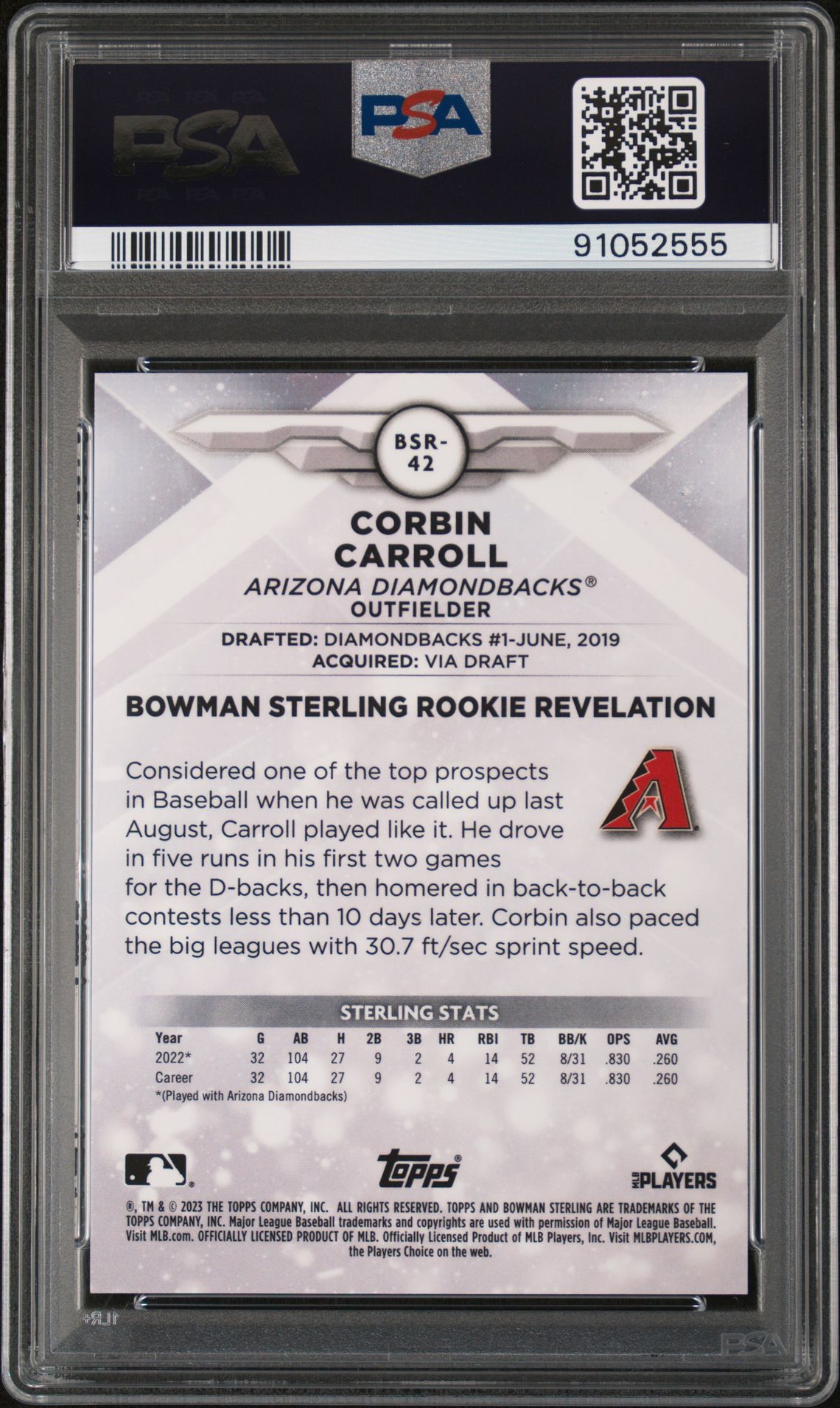 2023 Bowman Sterling Corbin Carroll #Bsr42 (Mini Diamond Refractor) Gem Mt 10 back