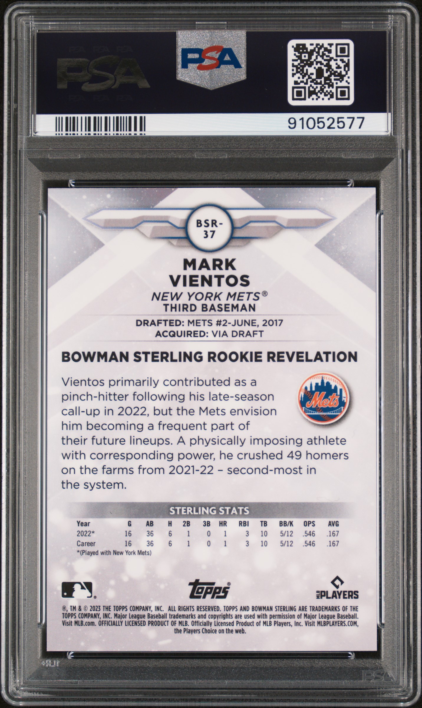2023 Bowman Sterling Mark Vientos #Bsr37 (Mini Diamond Refractor) Gem Mt 10 front