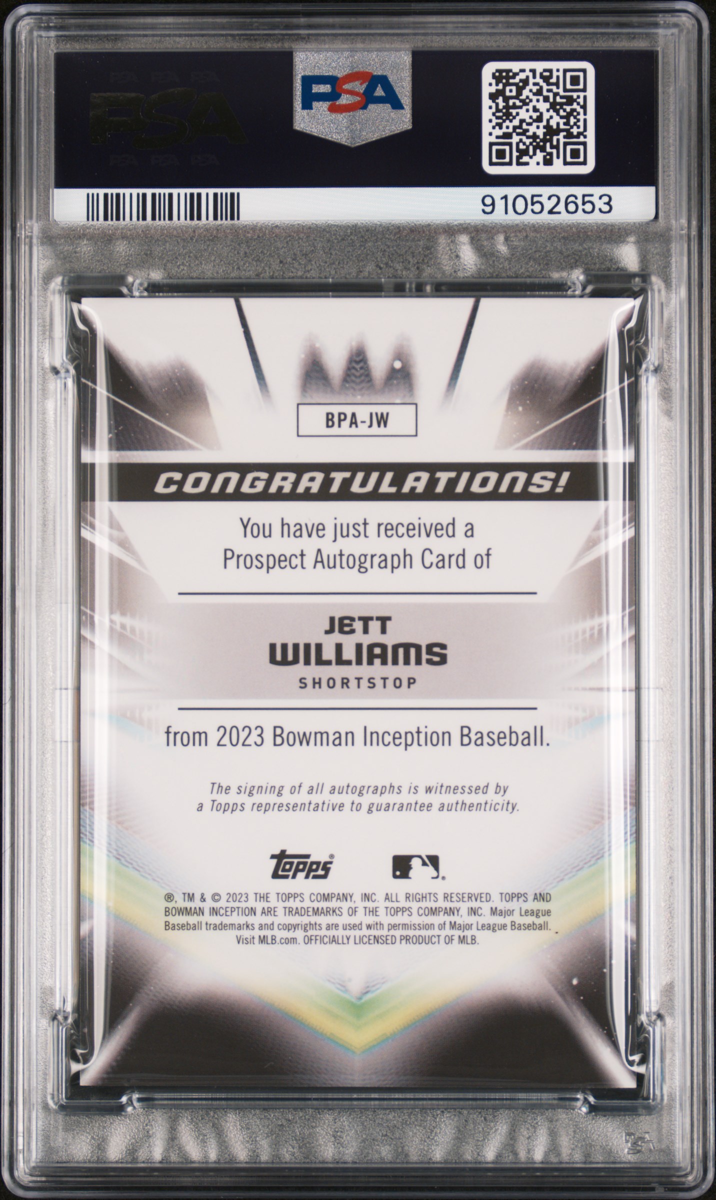 2023 Bowman Inception Autographs Jett Williams #Bpajw Gem Mt 10 front