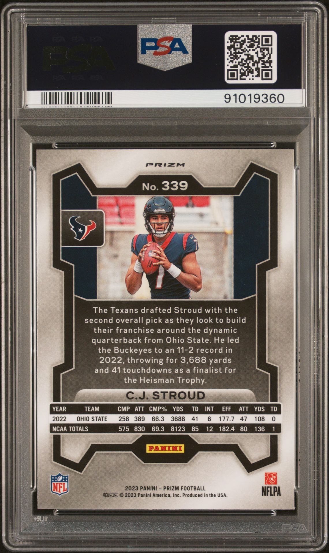 2023 Panini Prizm Cj Stroud #339 (Disco Prizm) Gem Mt 10 back view - PSA certificate #91019360