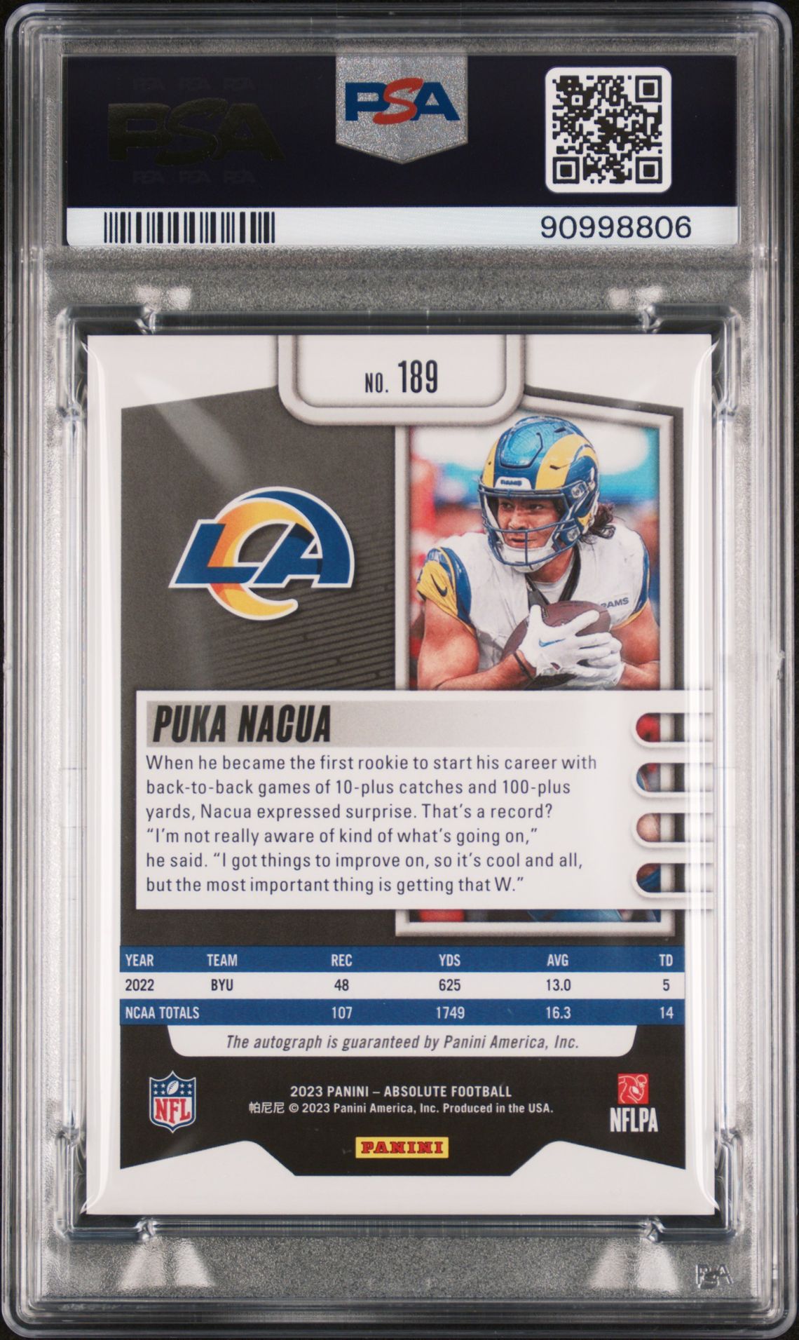 2023 Panini Absolute Puka Nacua #189 (Signature-Red Spectrum) Mint 9 back