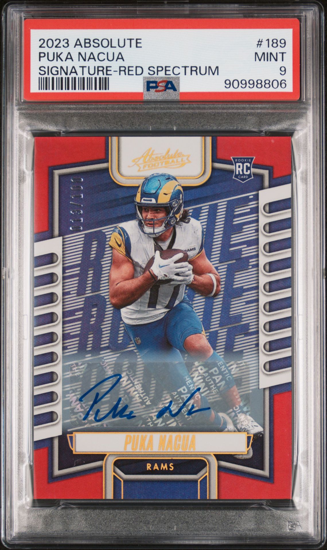 2023 Panini Absolute Puka Nacua #189 (Signature-Red Spectrum) Mint 9 front