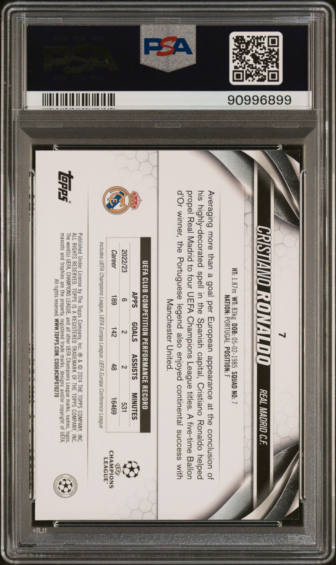 2023-24 Topps Uefa Club Competitions Cristiano Ronaldo #7 (Sp) Gem Mt 10 back view - PSA certificate #90996899