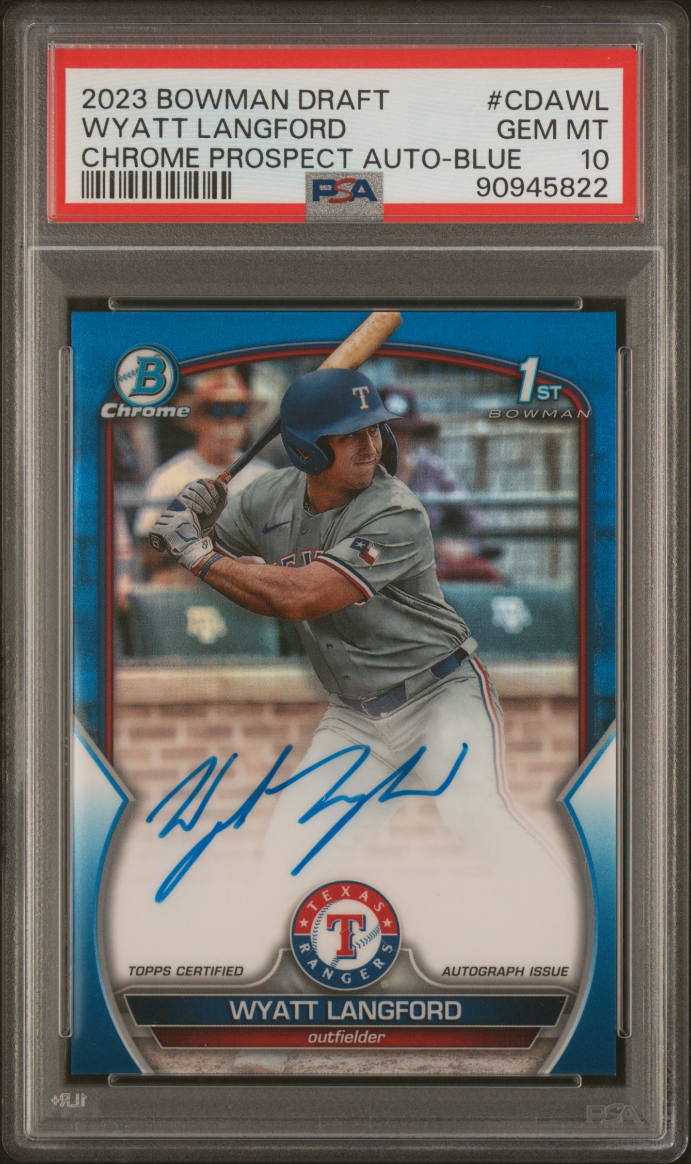2023 Bowman Draft Chrome Prospect Autograph Wyatt Langford #Cdawl (Chr Prospect Auto-Blue Ref) Gem Mt 10 front