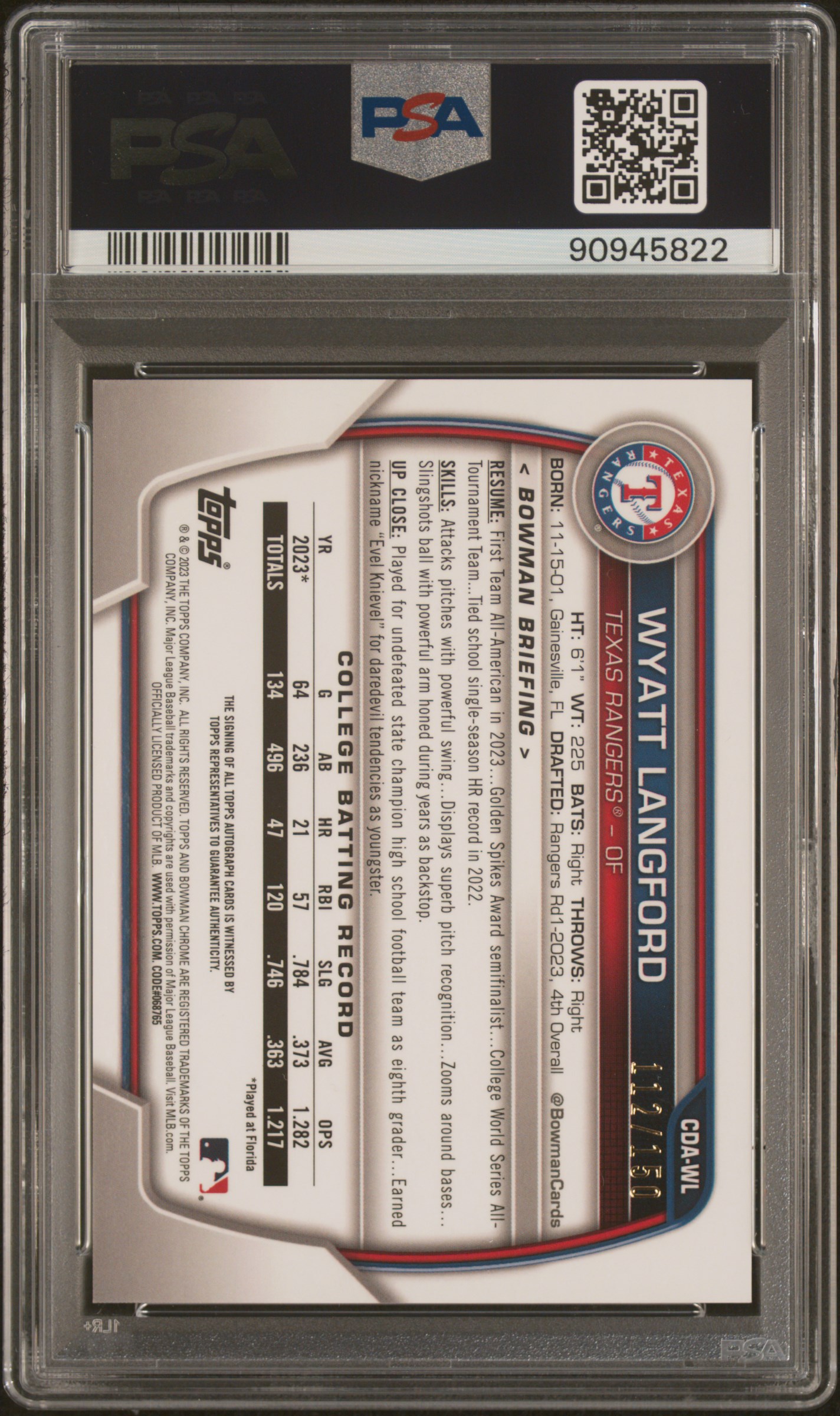 2023 Bowman Draft Chrome Prospect Autograph Wyatt Langford #Cdawl (Chr Prospect Auto-Blue Ref) Gem Mt 10 back