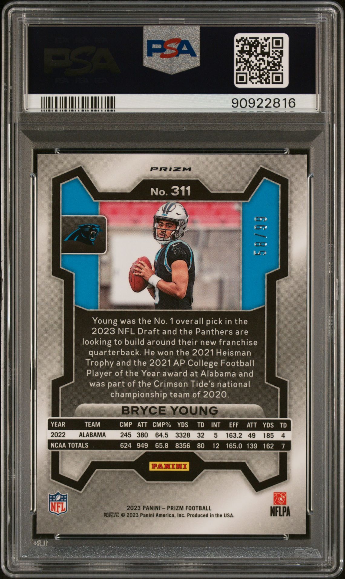 2023 Panini Prizm Bryce Young #311 (Purple Wave) Mint 9 back