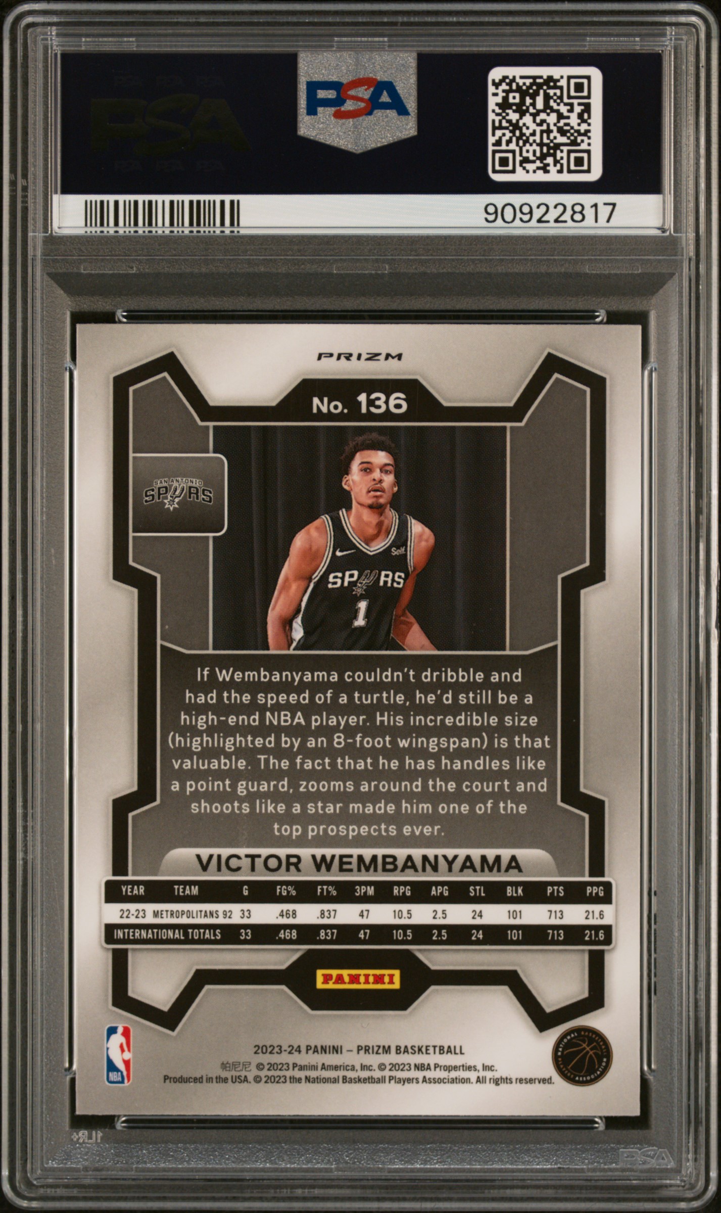 2023 Panini Prizm Victor Wembanyama #136 (Pink Ice) Gem Mt 10 back