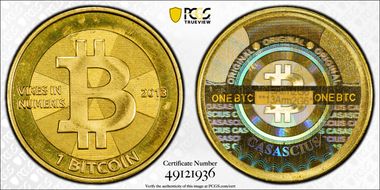 2013 1 BTC Casascius Bitcoin, Brass MS66