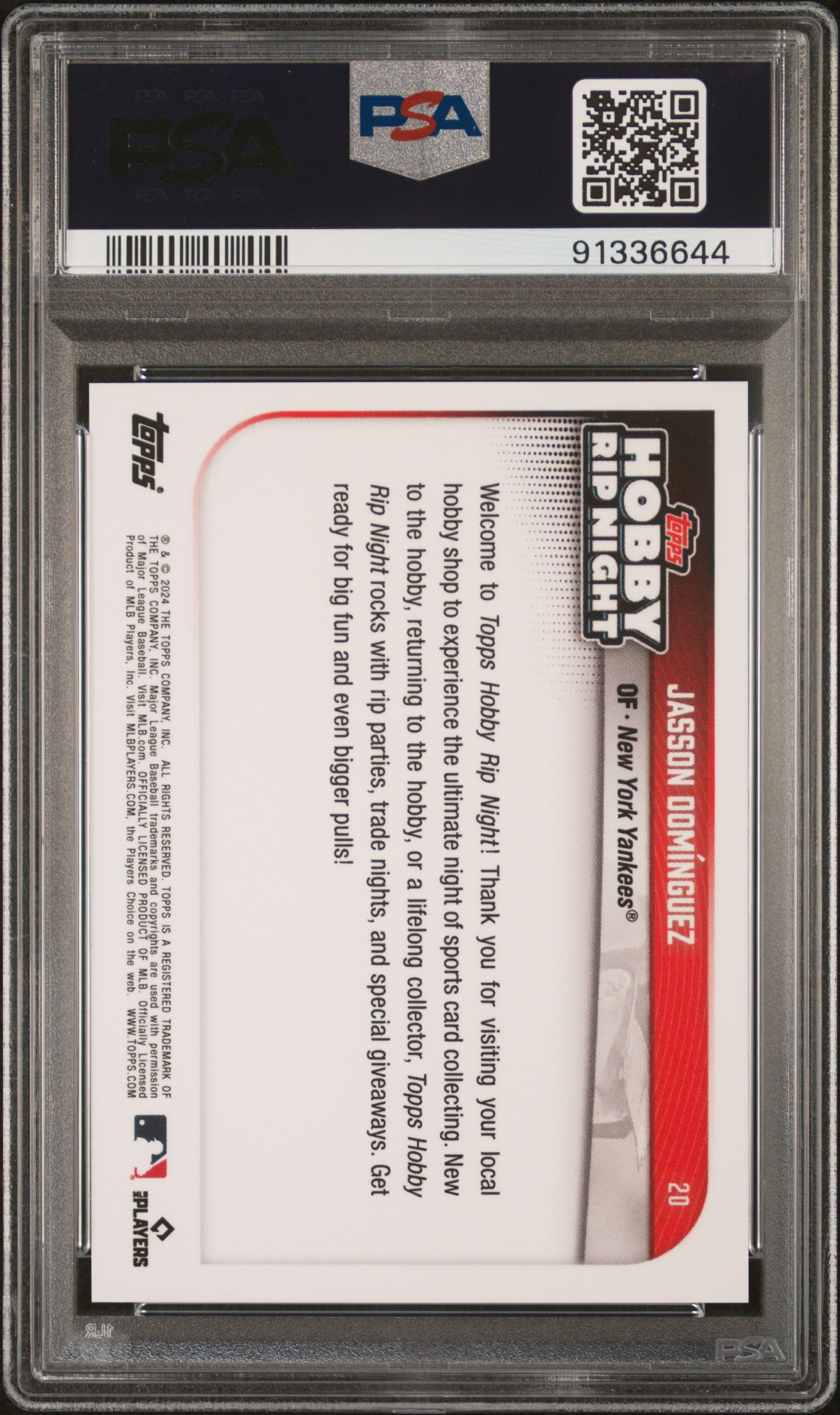 2024 Topps Hobby Rip Night Jasson Dominguez #20 (Blue) Gem Mt 10 back