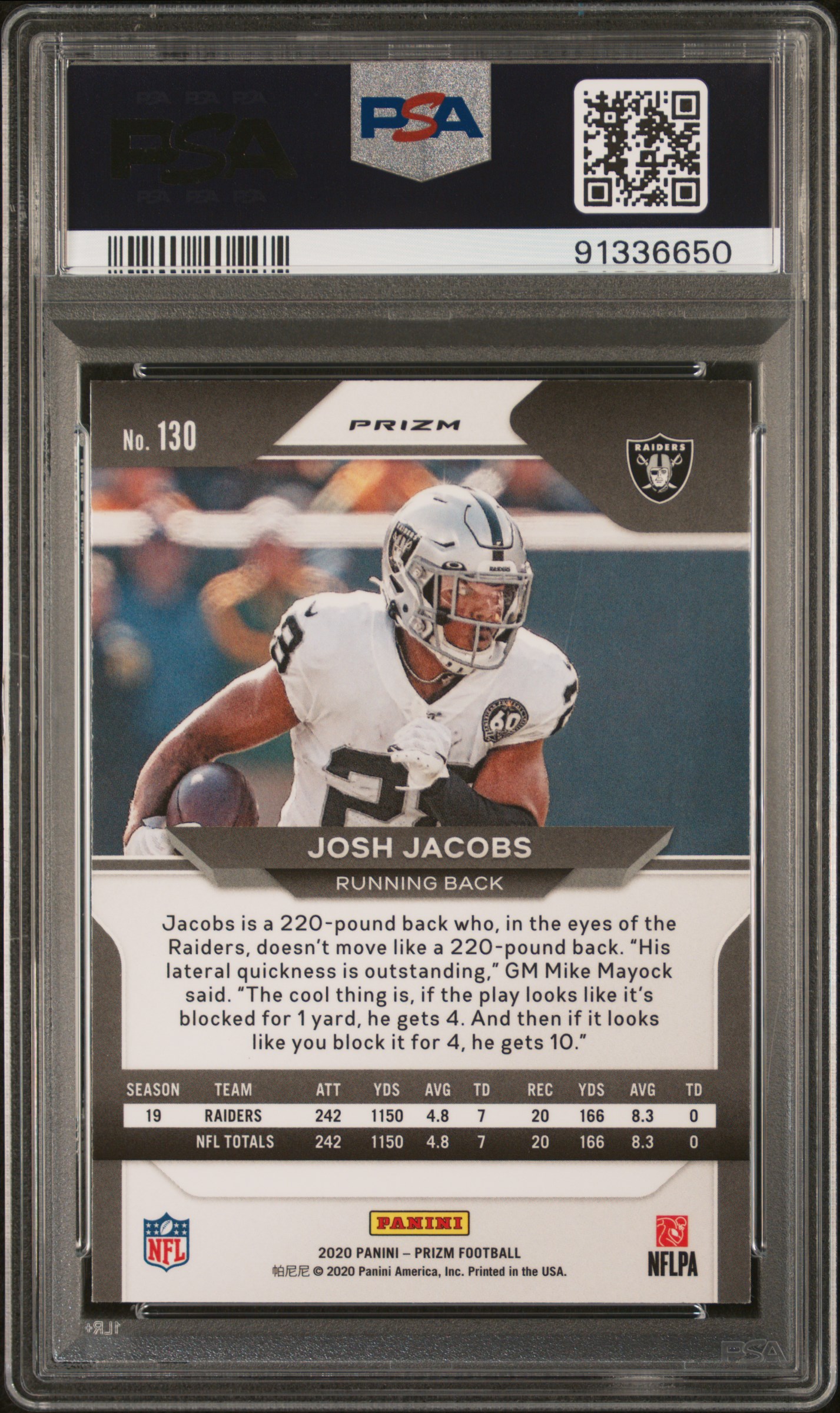 2020 Panini Prizm Josh Jacobs #130 (Snakeskin Prizm) Gem Mt 10 back