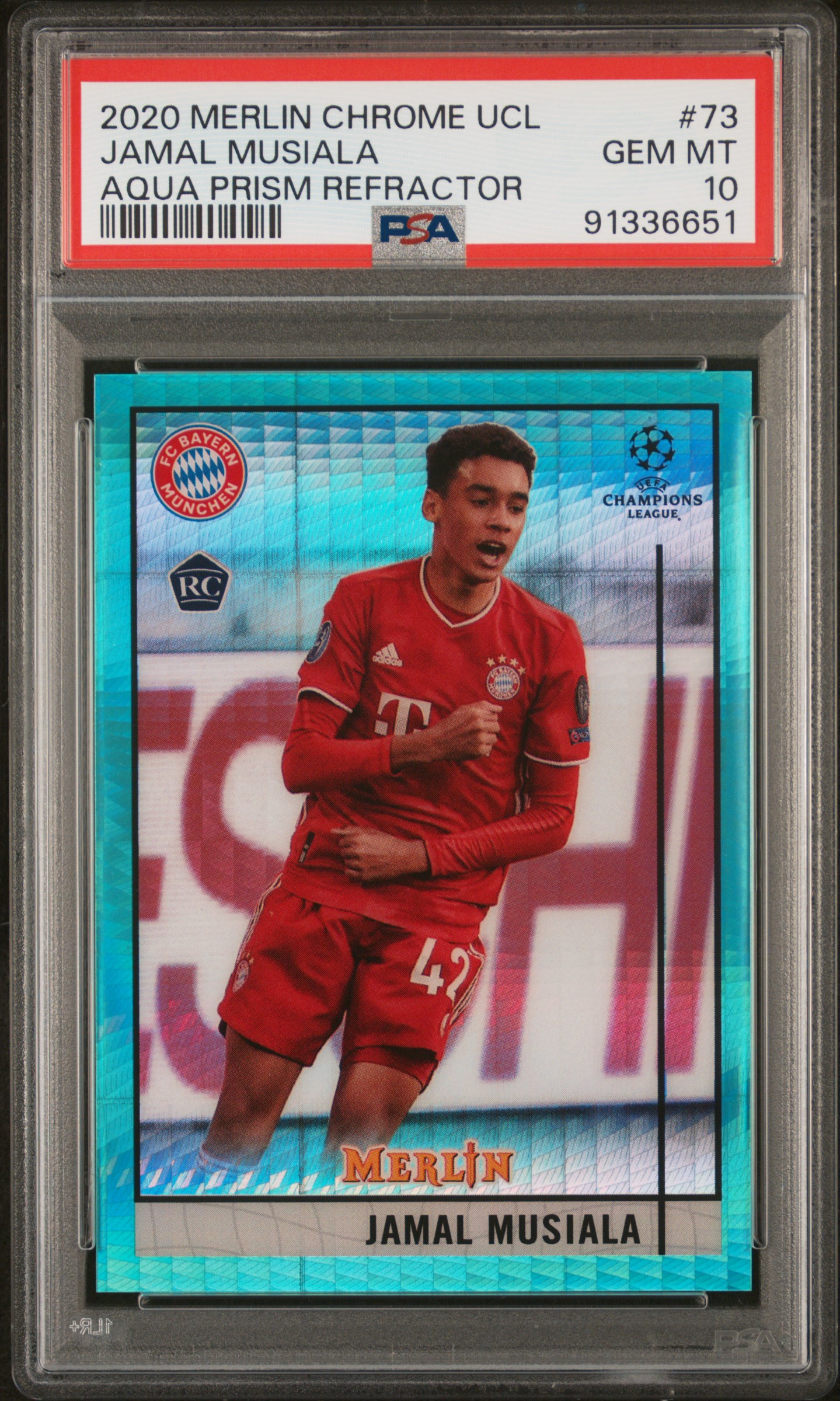 2020 Topps Merlin Chrome Uefa Champions League Jamal Musiala #73 (Aqua Prism Refractor) Gem Mt 10 front