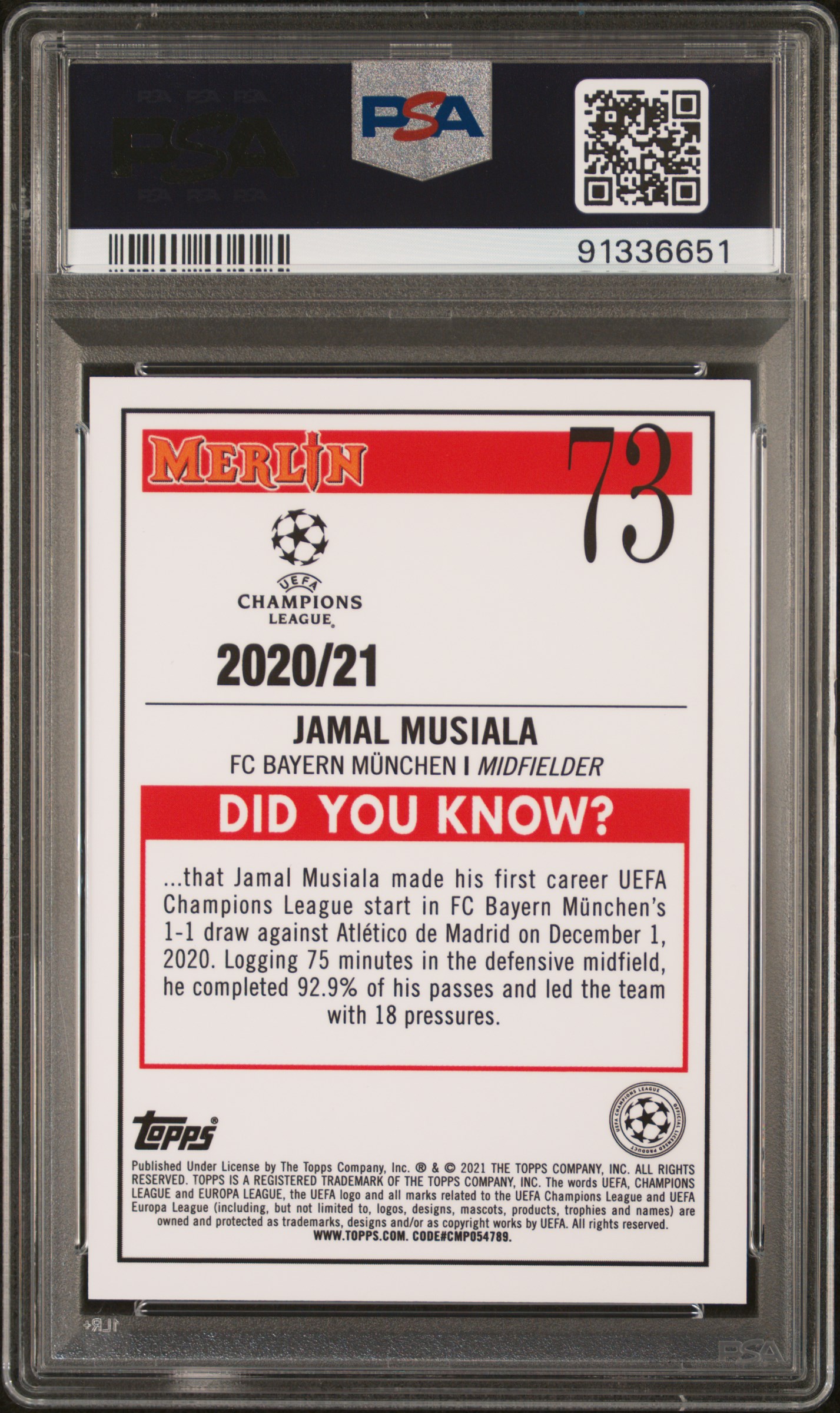 2020 Topps Merlin Chrome Uefa Champions League Jamal Musiala #73 (Aqua Prism Refractor) Gem Mt 10 back