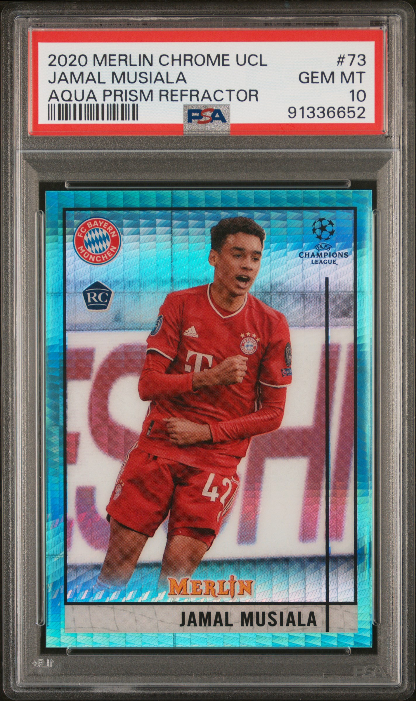 2020 Topps Merlin Chrome Uefa Champions League Jamal Musiala #73 (Aqua Prism Refractor) Gem Mt 10 front