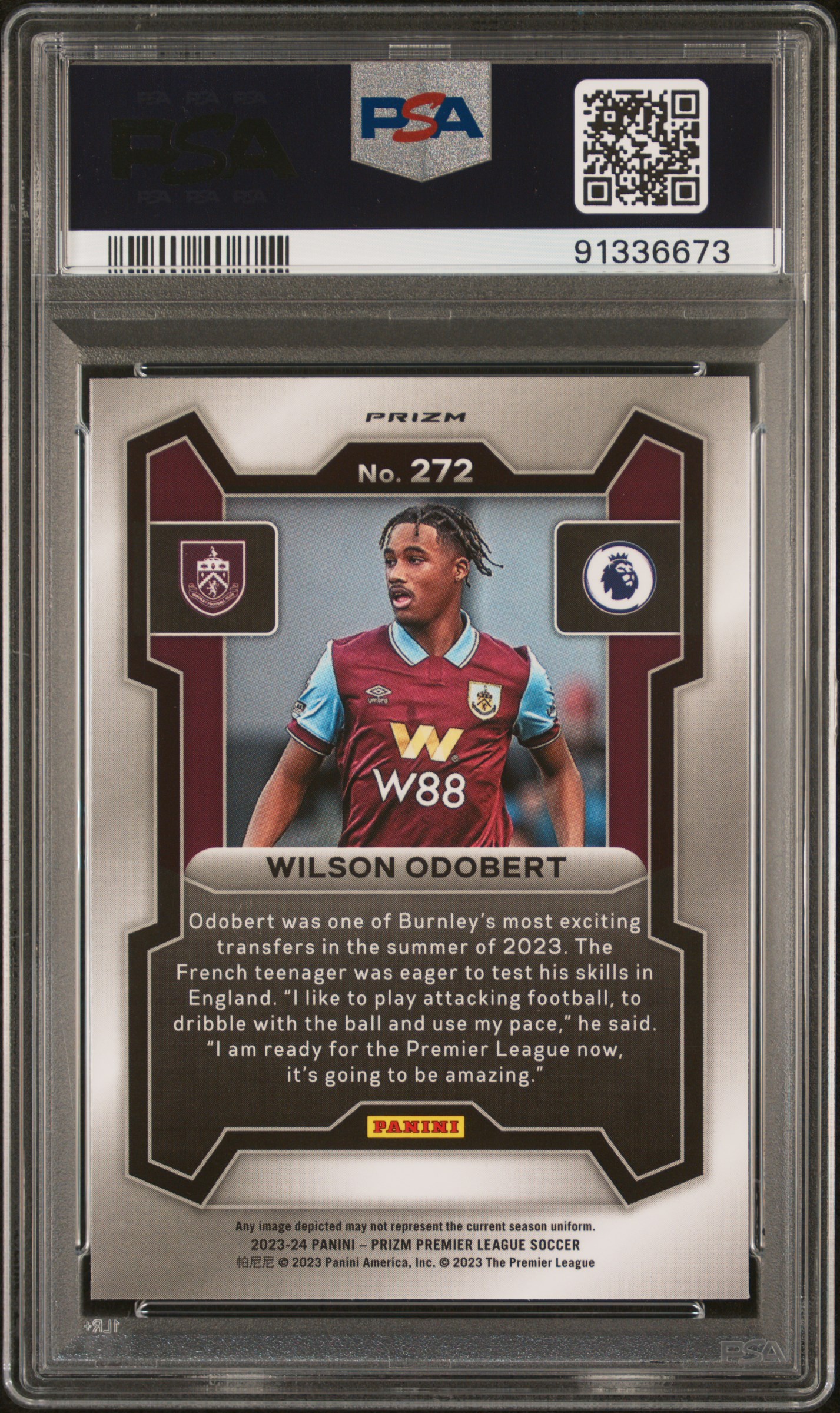 2023-24 Panini Prizm Premier League Wilson Odobert #272 (Red Mosaic) Gem Mt 10 back