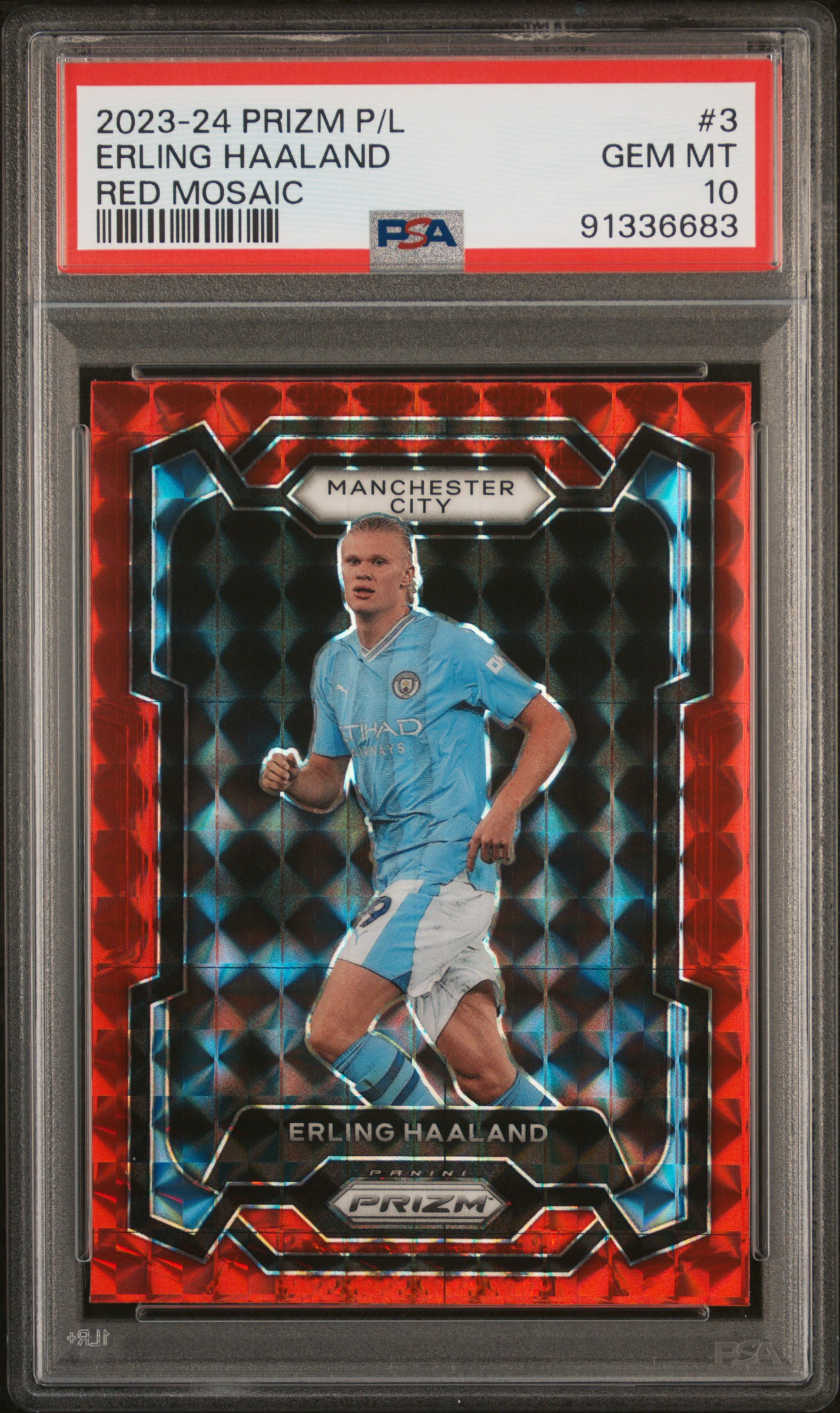 2023-24 Panini Prizm Premier League Erling Haaland #3 (Red Mosaic) Gem Mt 10 front
