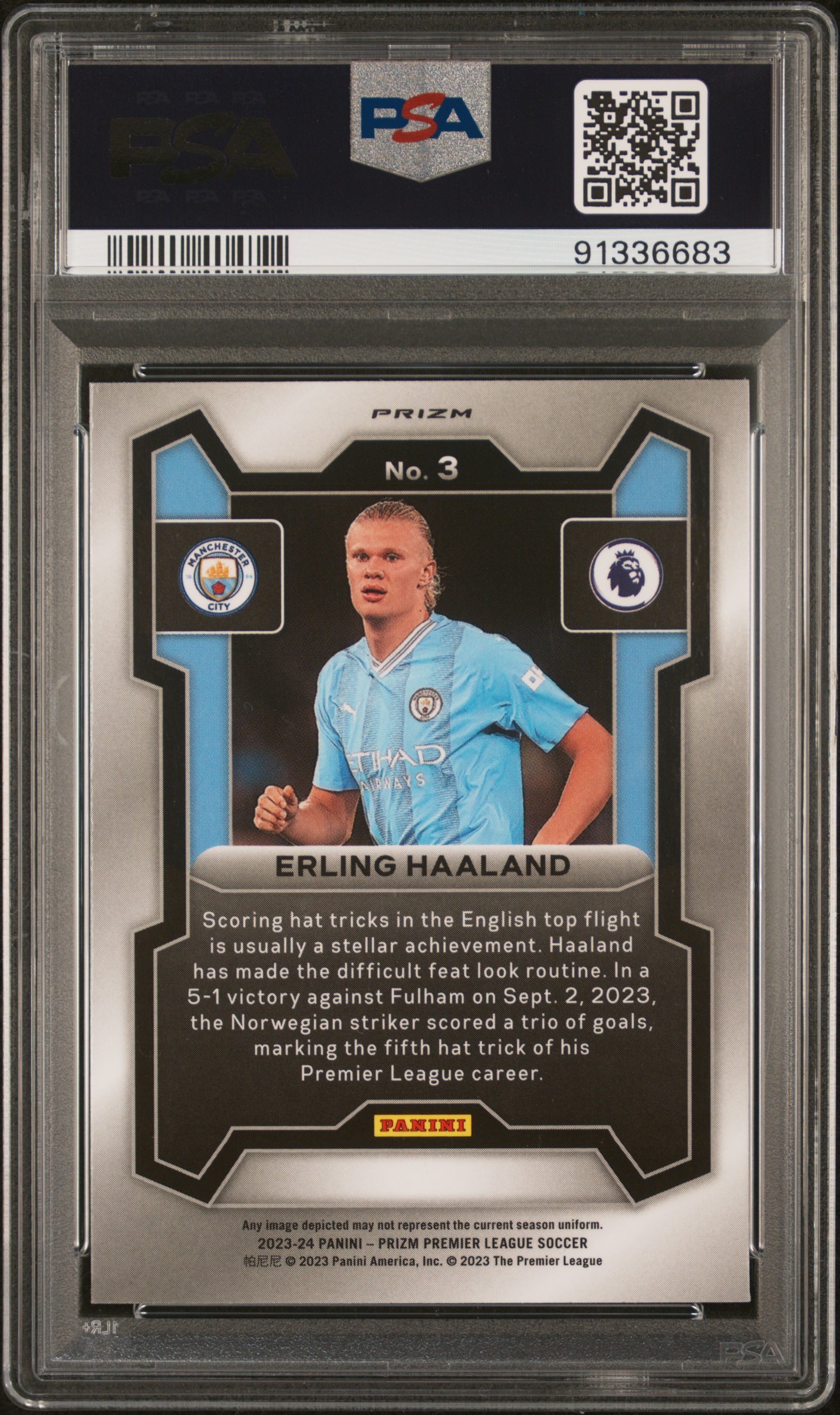 2023-24 Panini Prizm Premier League Erling Haaland #3 (Red Mosaic) Gem Mt 10 back