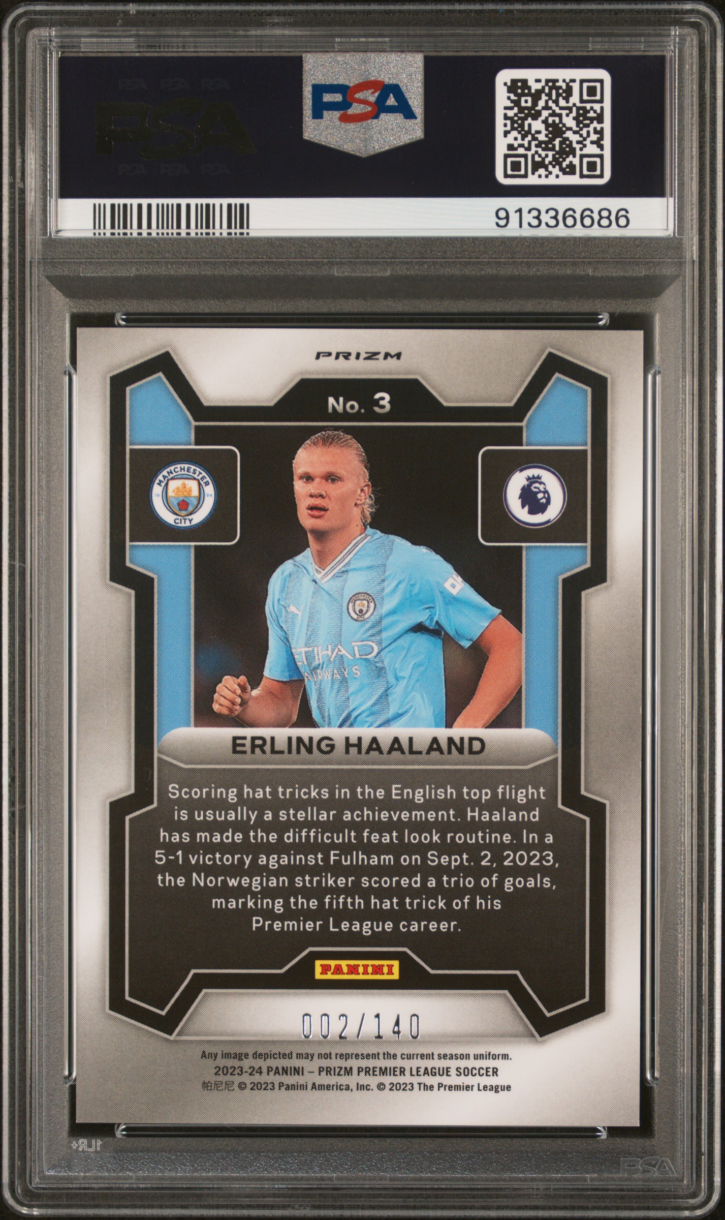2023-24 Panini Prizm Premier League Erling Haaland #3 (Purple Mosaic) Gem Mt 10 back