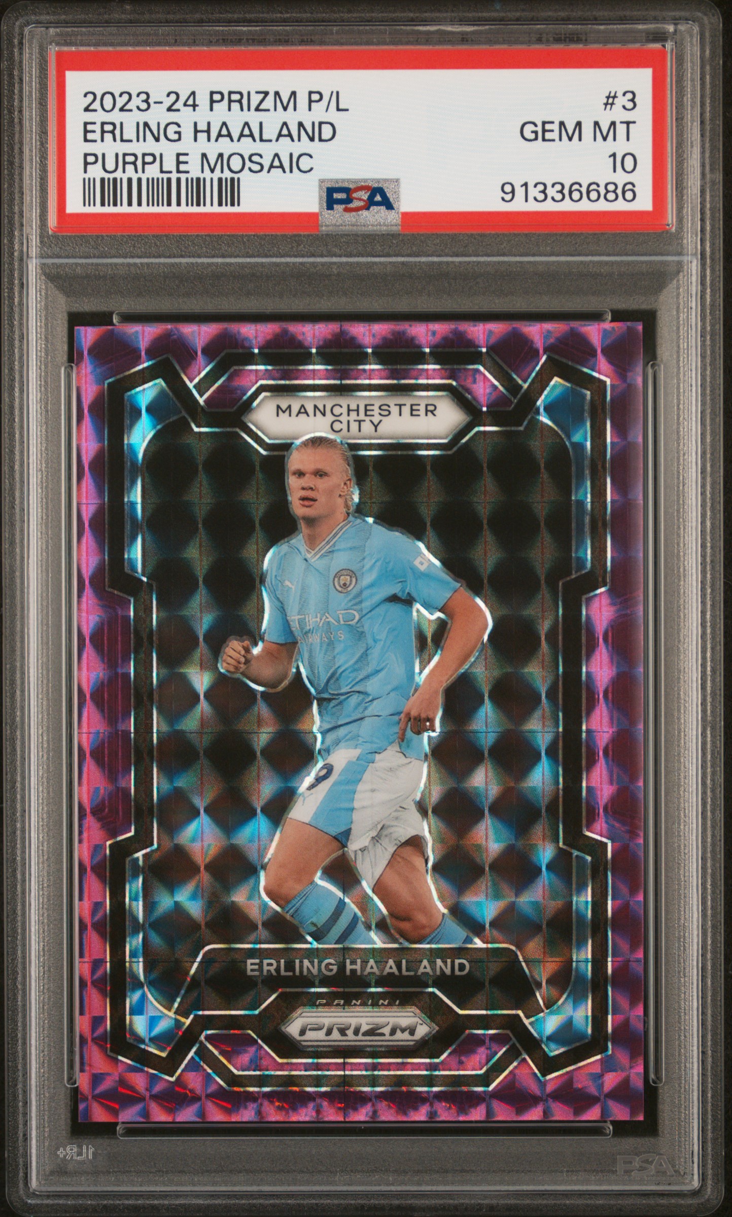2023-24 Panini Prizm Premier League Erling Haaland #3 (Purple Mosaic) Gem Mt 10 front