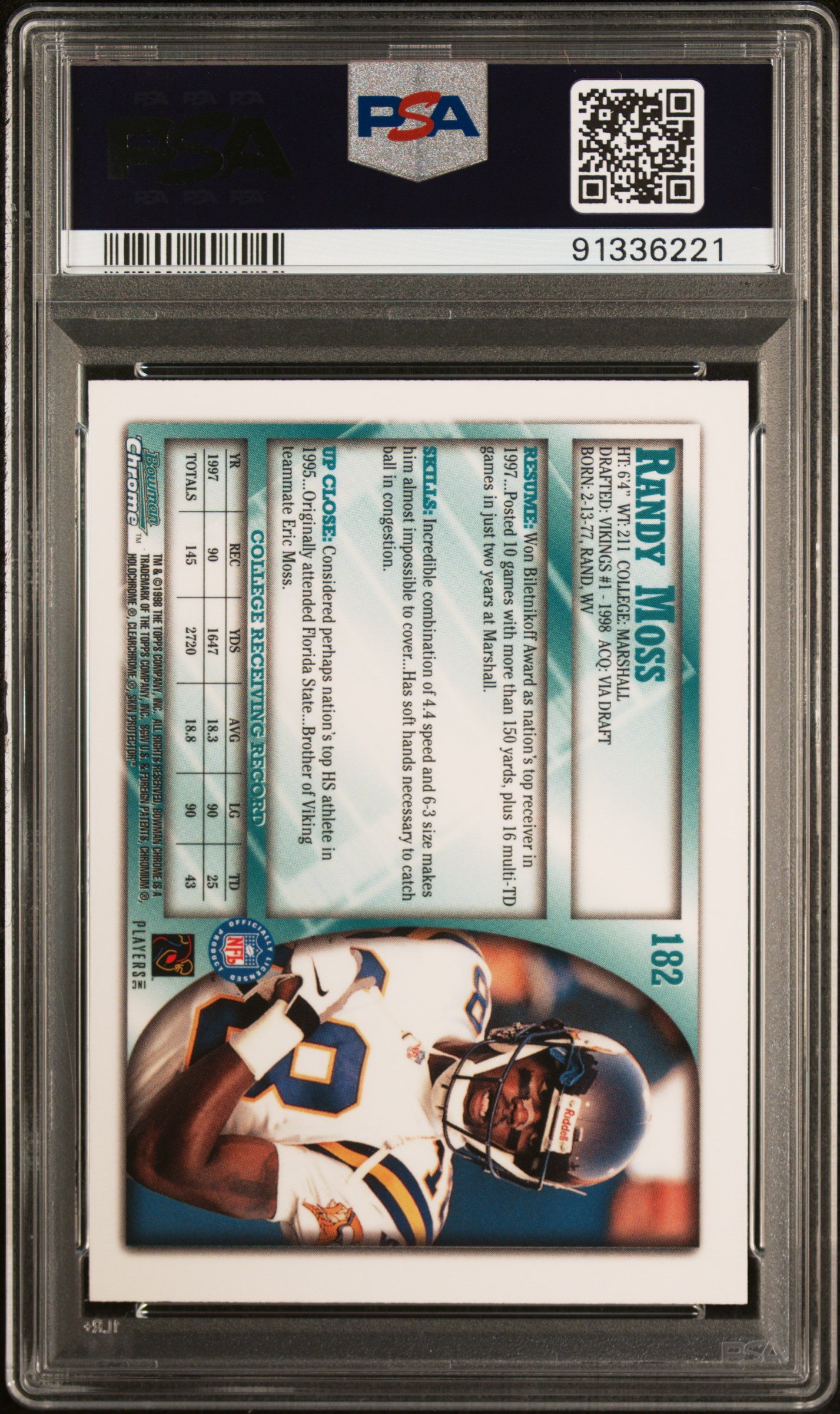 1998 Bowman Chrome Randy Moss #182 Nm-Mt 8 back