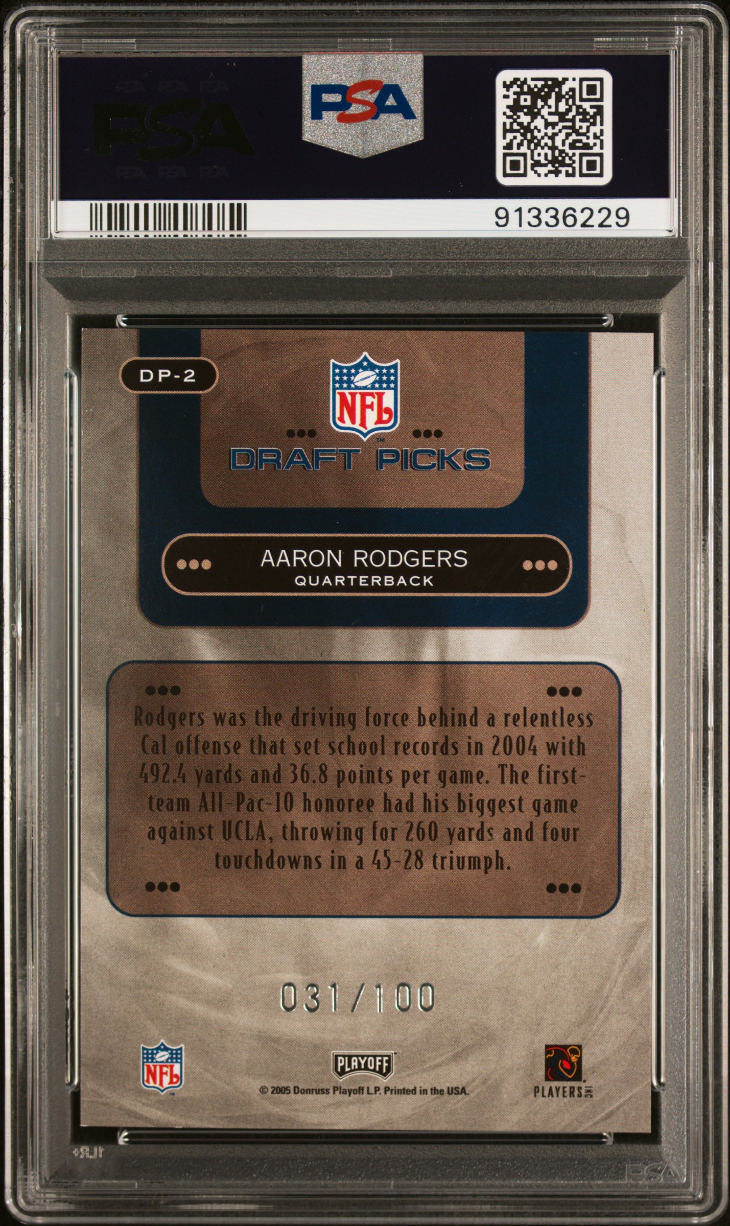 2005 Playoff Prestige Draft Picks Aaron Rodgers #Dp-2 (Draft Picks-Foil) Nm-Mt 8 back