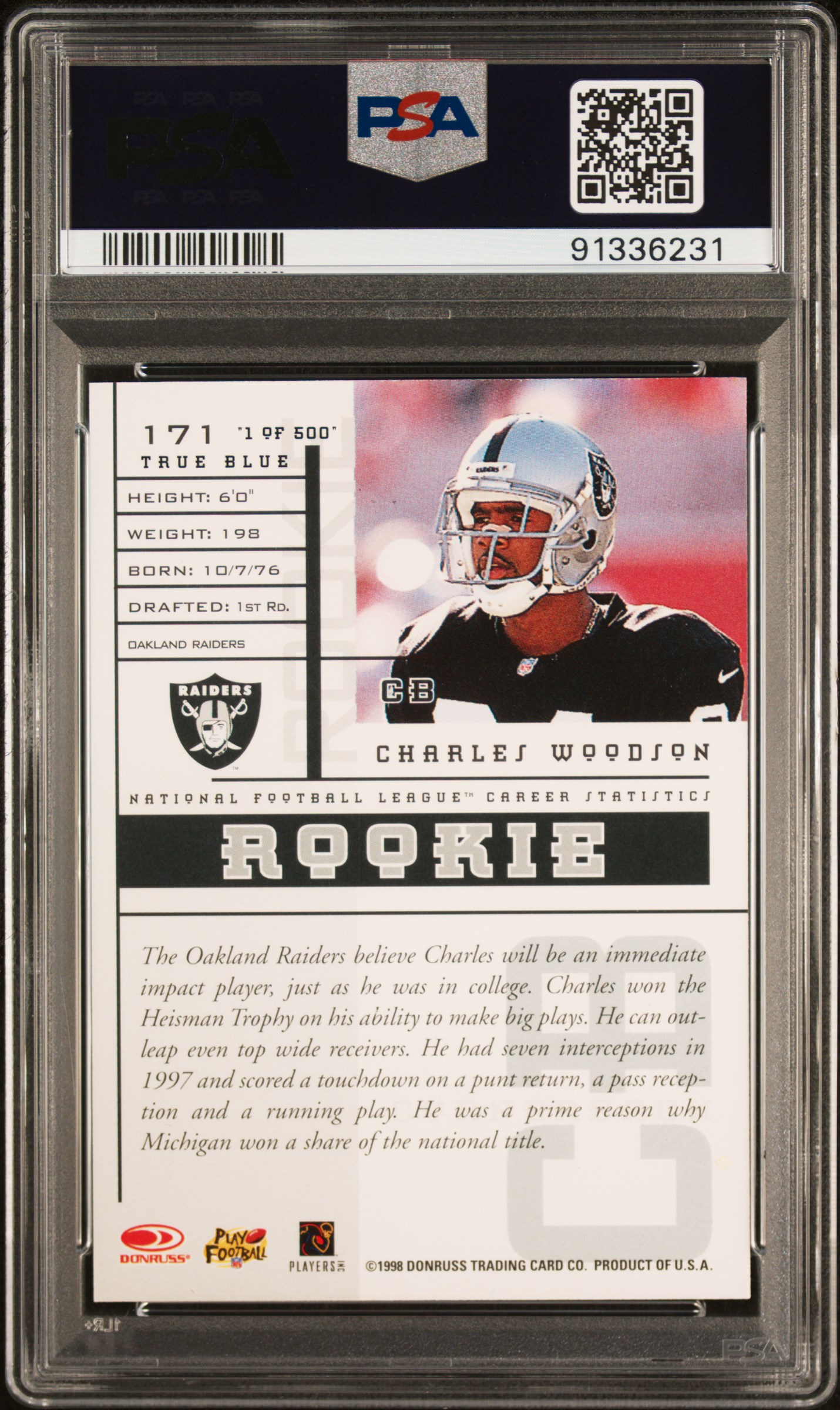 1998 Leaf R & S Charles Woodson #171 (True Blue) Nm 7 back