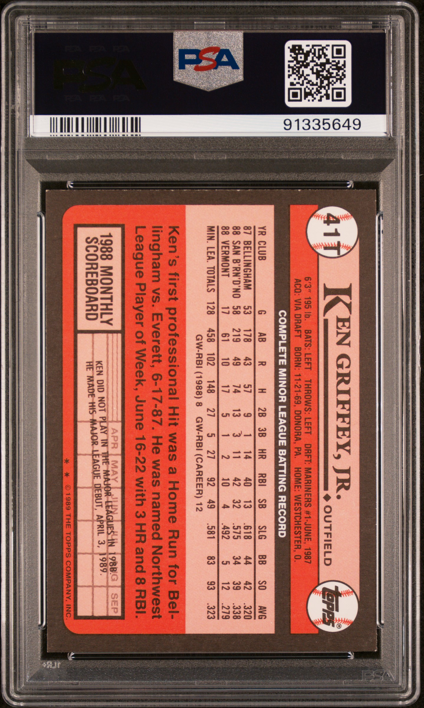1989 Topps Traded Ken Griffey Jr. #41T Nm-Mt 8 back