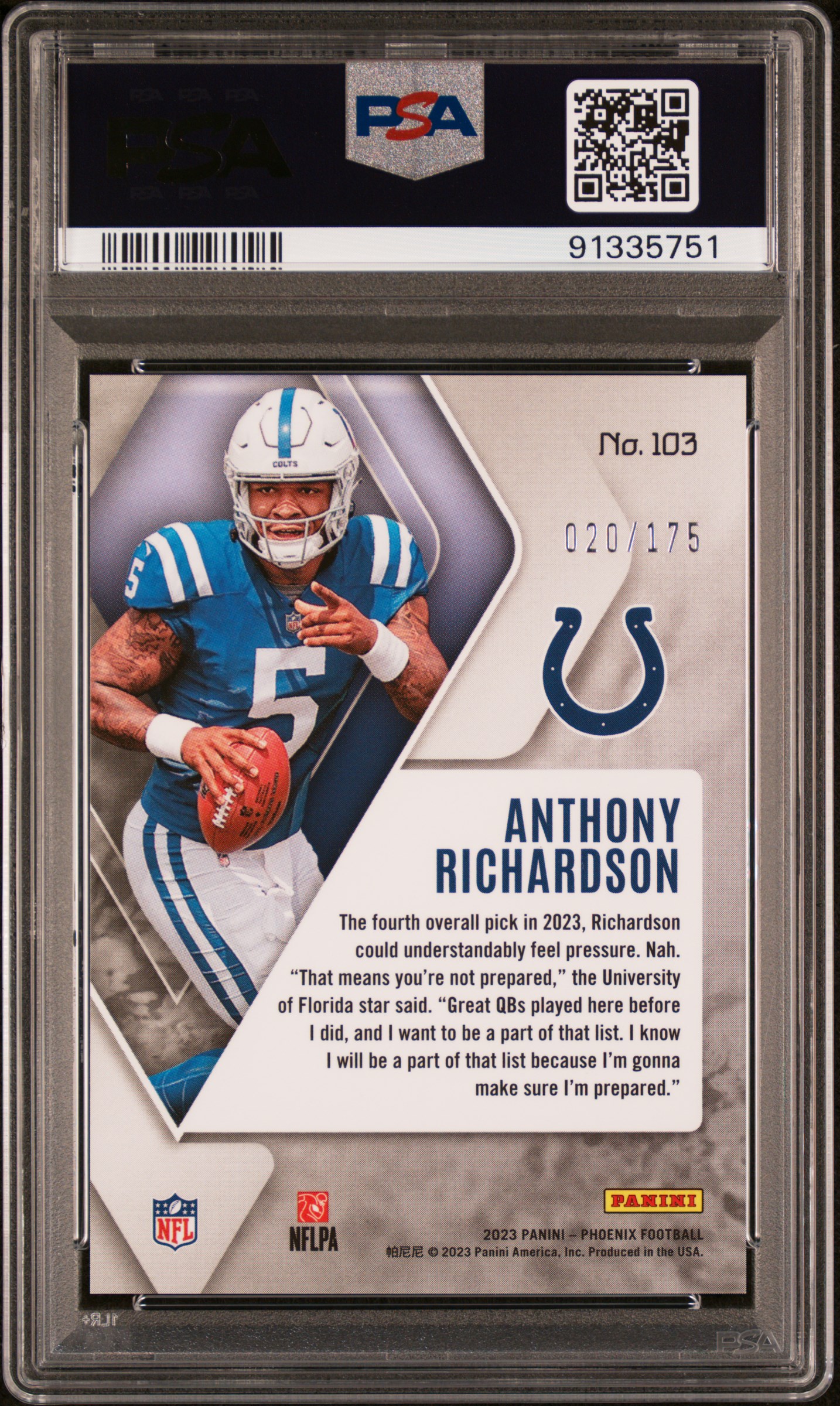 2023 Panini Phoenix Anthony Richardson #103 (Lava) Gem Mt 10 back