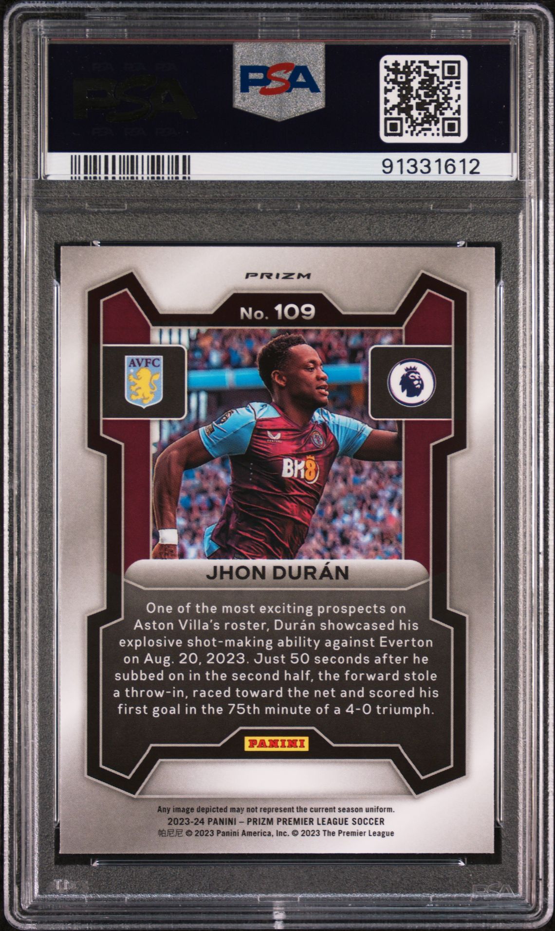 2023-24 Panini Prizm Premier League Jhon Duran #109 (Red/White/Blue Choice) Gem Mt 10 back