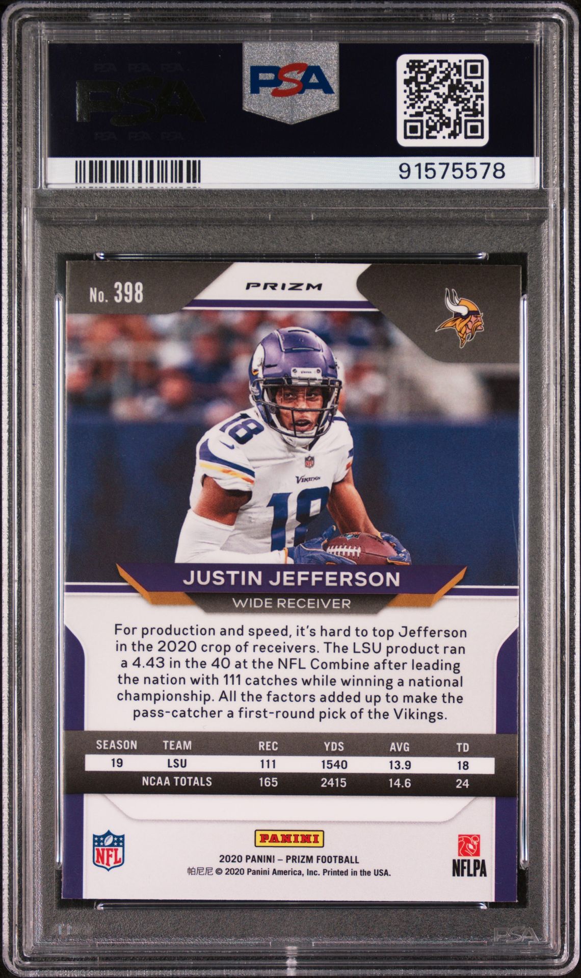 2020 Panini Prizm Justin Jefferson #398 (Orange Ice) Gem Mt 10 back