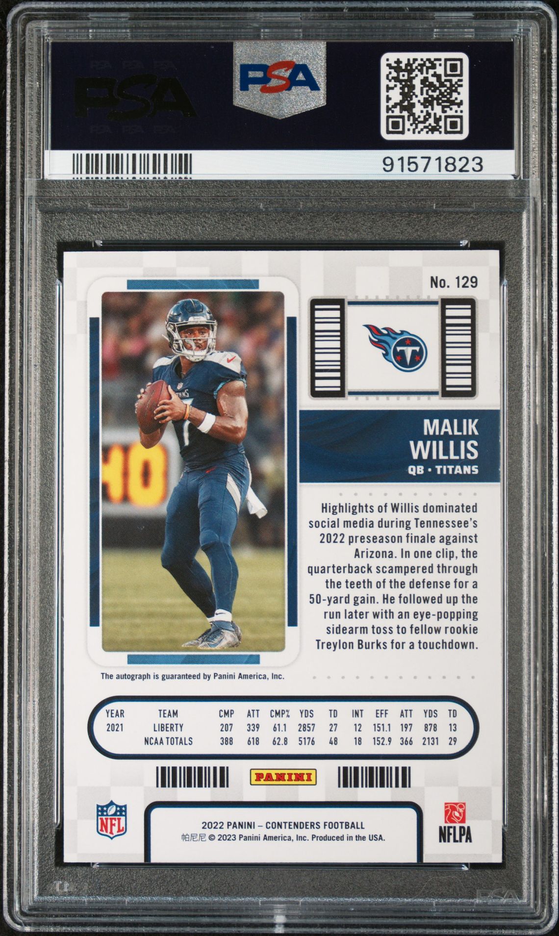 2022 Panini Contenders Malik Willis #129 (Autograph) Gem Mt 10 back