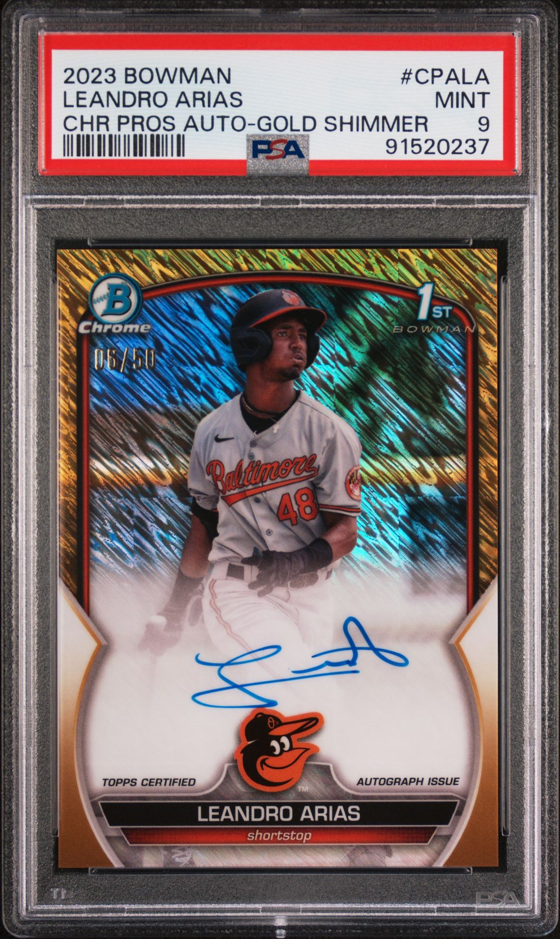 2023 Bowman BOWMAN CHROME PROSPECT AUTOGRAPHS CHR PROS AUTO-GOLD SHIMMER #CPALA Leandro Arias front