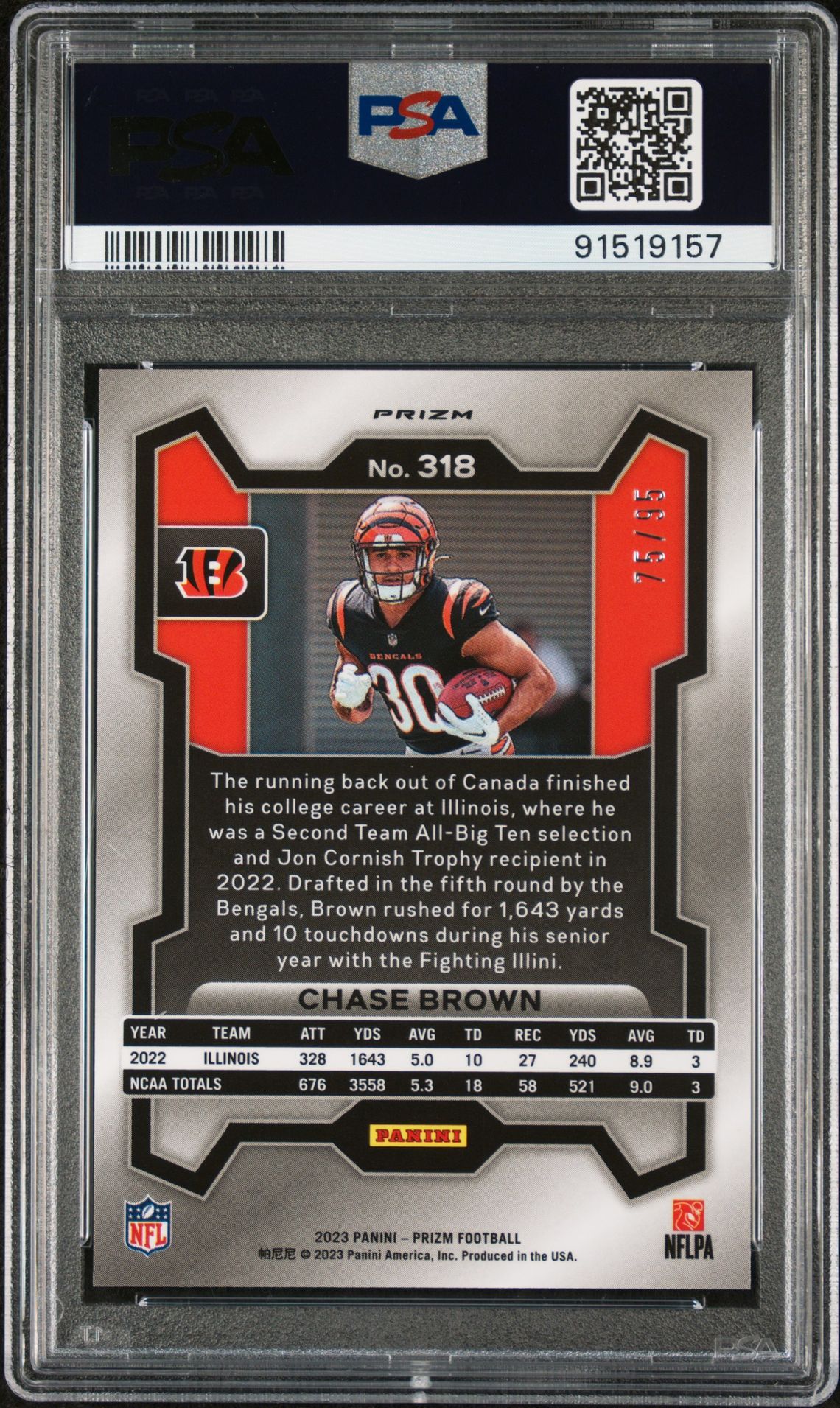 2023 Panini Prizm Chase Brown #318 (No Huddle Blue) Gem Mt 10 back