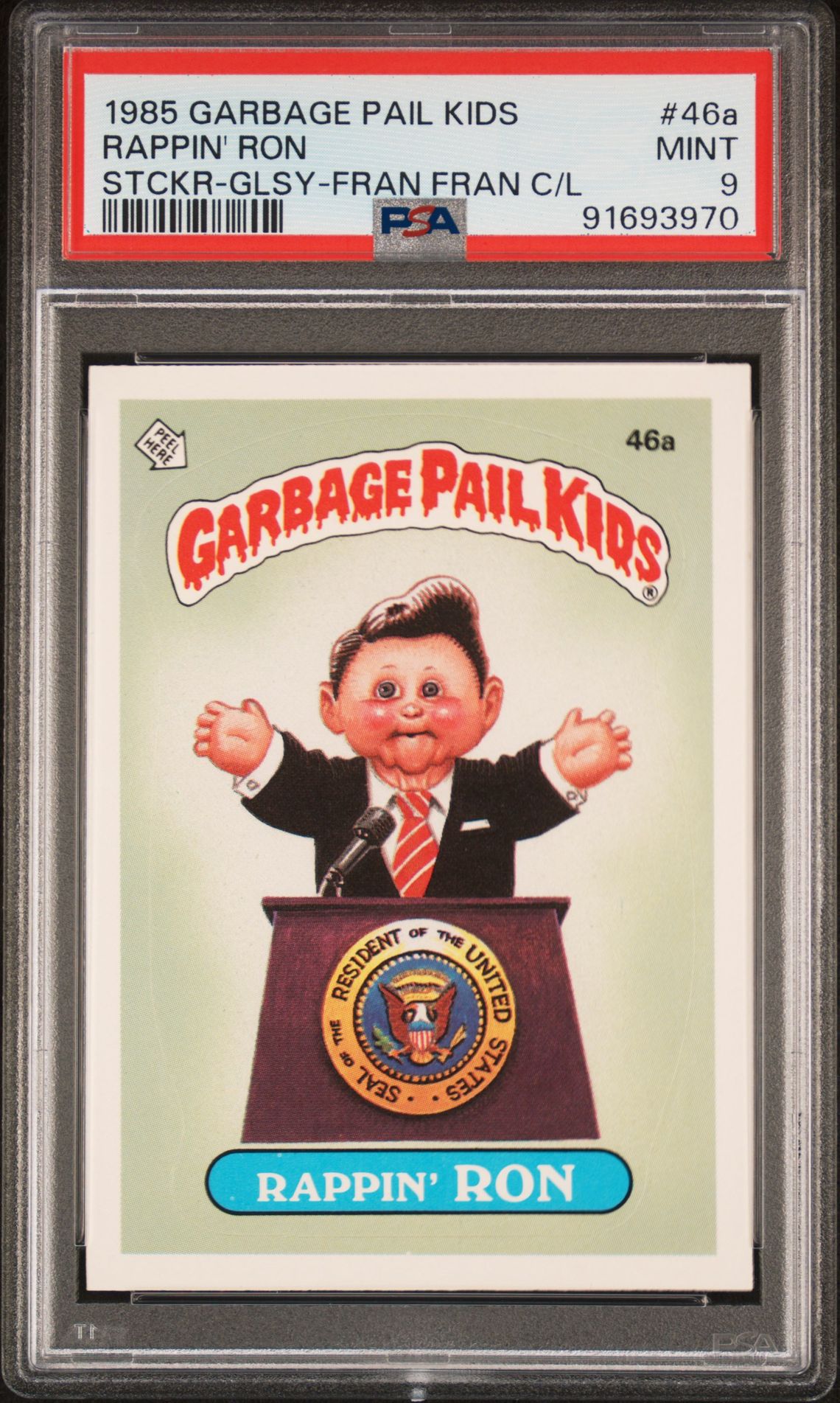 1985 Garbage Pail Kids GARBAGE PAIL KIDS STICKERS STCKR-GLSY-FRAN FRAN C/L #46A Rappin' Ron front