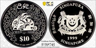 1999-SM $10 Year of the Rabbit 2oz Ag PR70DCAM