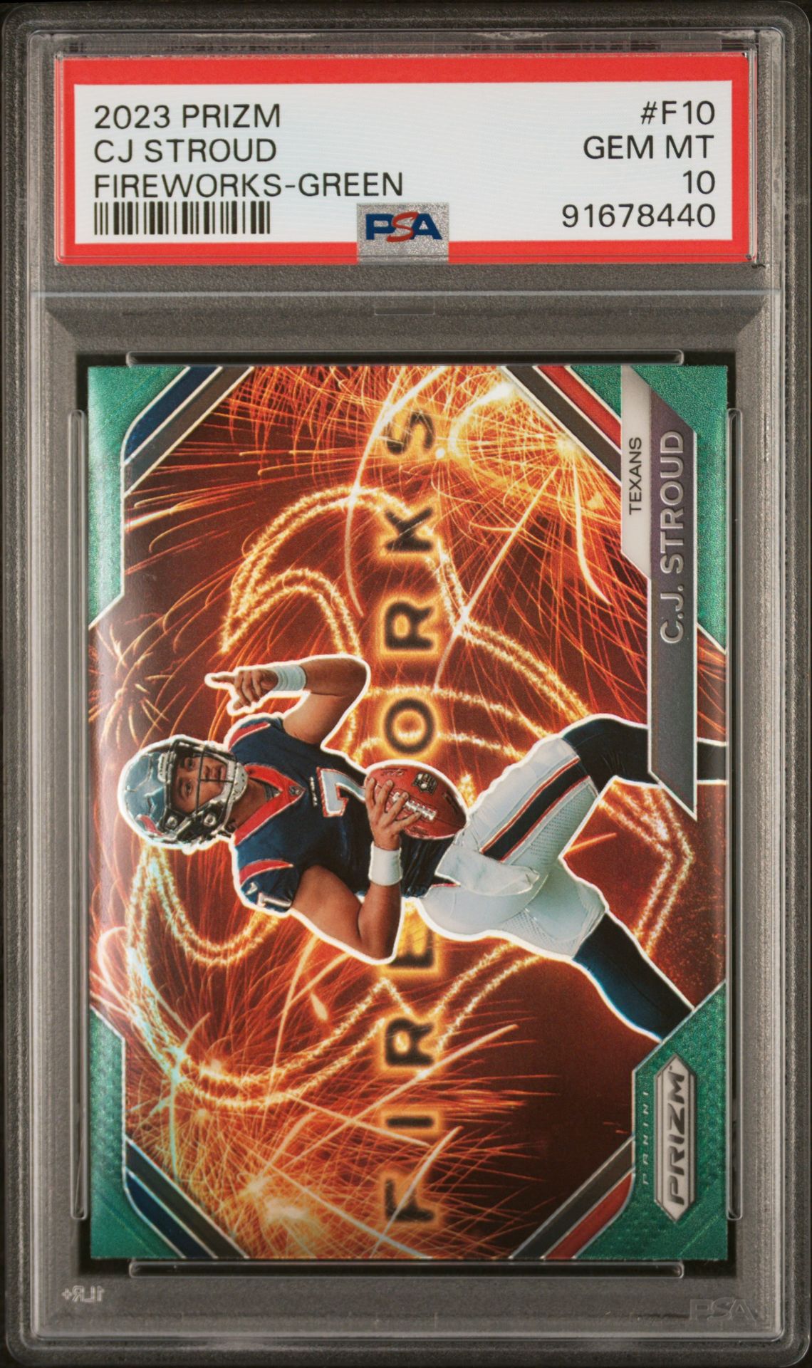 2023 Panini Prizm Fireworks Cj Stroud #F10 (Fireworks-Green Prizm) Gem Mt 10 front view - PSA graded GEM MT 10