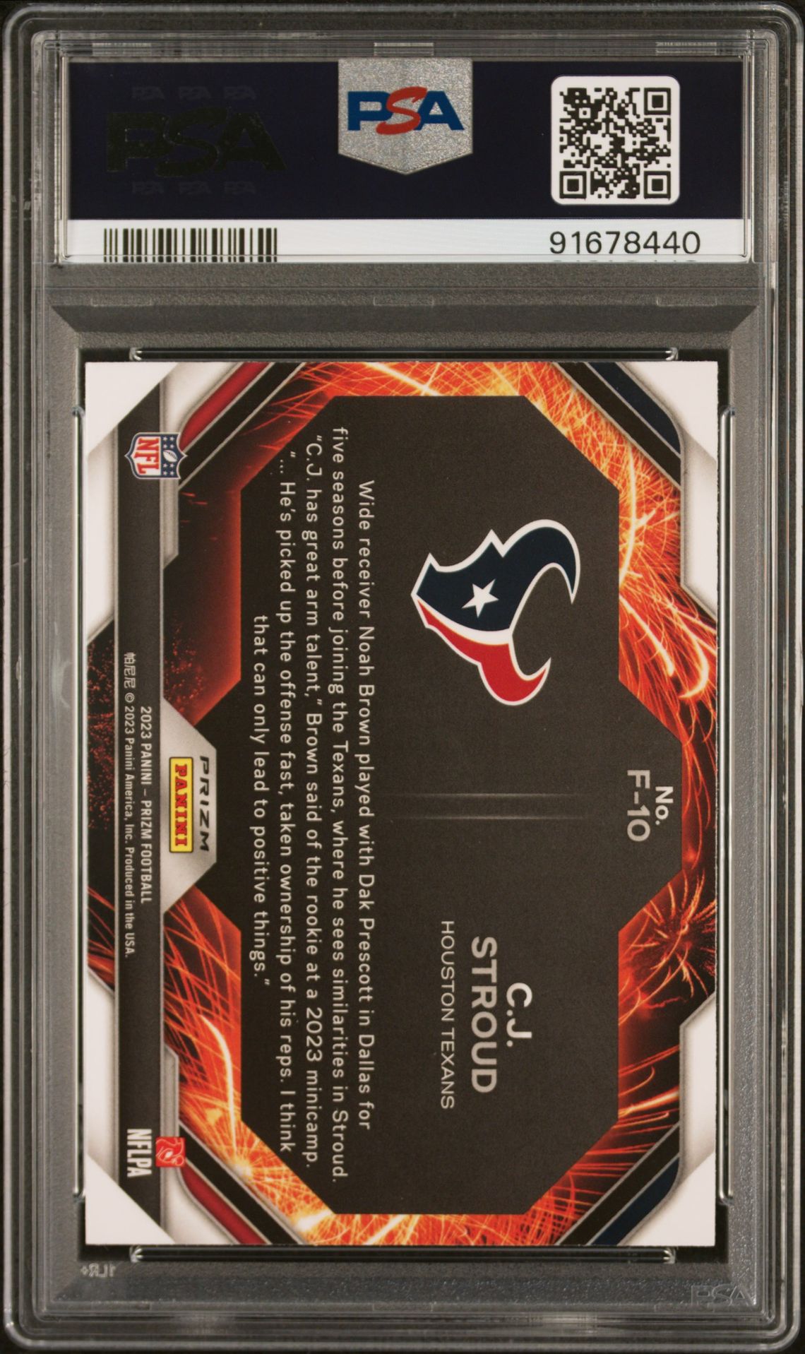 2023 Panini Prizm Fireworks Cj Stroud #F10 (Fireworks-Green Prizm) Gem Mt 10 back view - PSA certificate #91678440