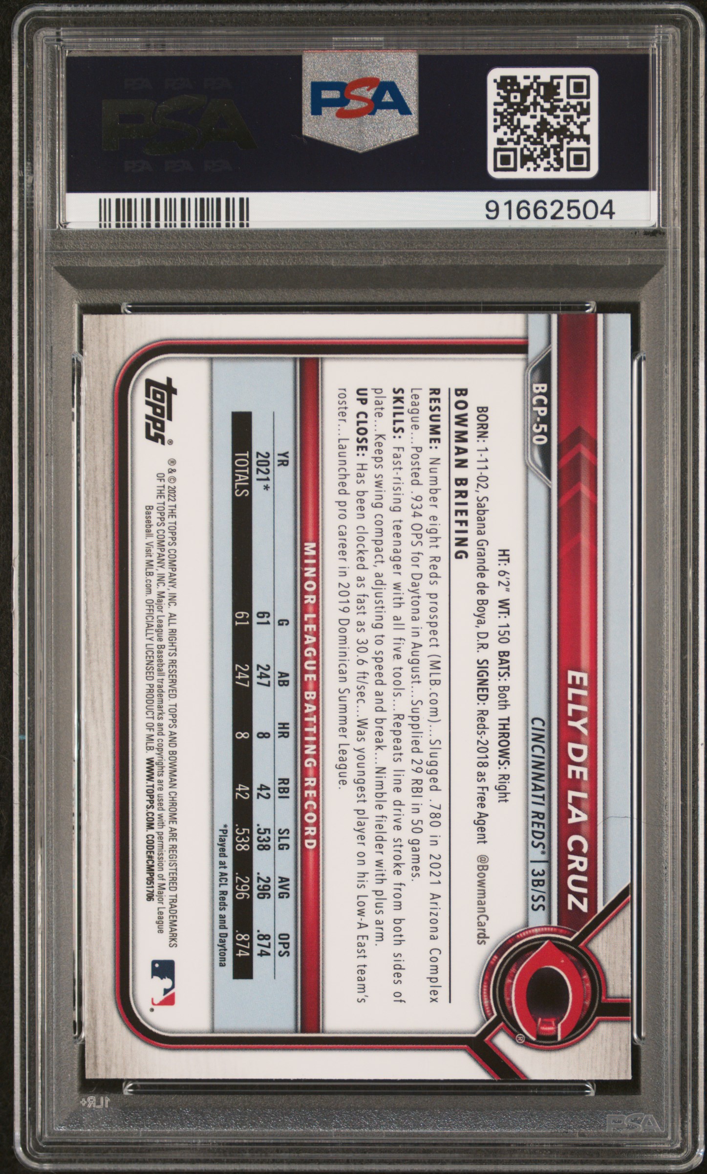 2022 Bowman Chrome Prospects Elly De La Cruz #Bcp50 (Chrome Prospects) Gem Mt 10 back