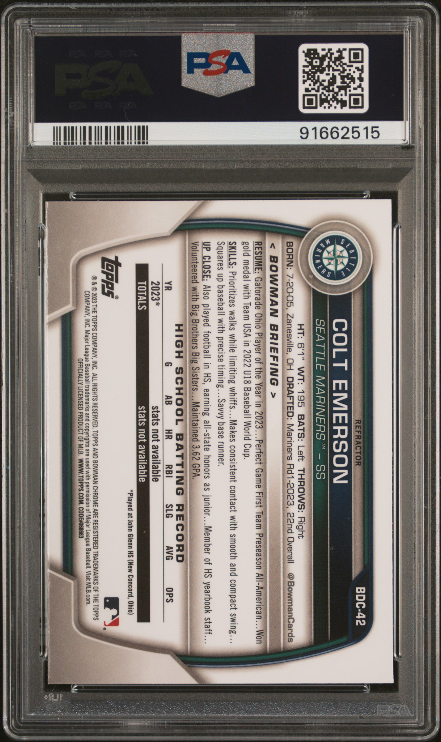 2023 Bowman Draft Colt Emerson #Bdc42 (Chrome-Refractor) Gem Mt 10 back