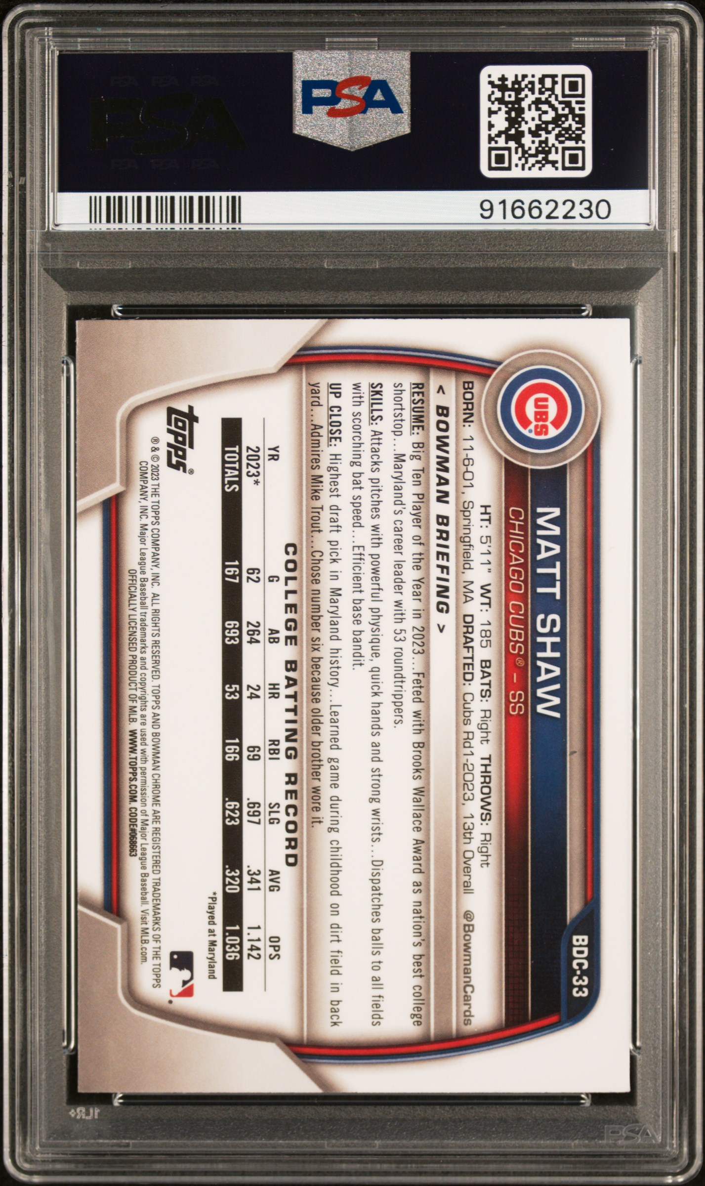 2023 Bowman Draft Matt Shaw #Bdc33 (Chrome-Blue Refractor) Gem Mt 10 back