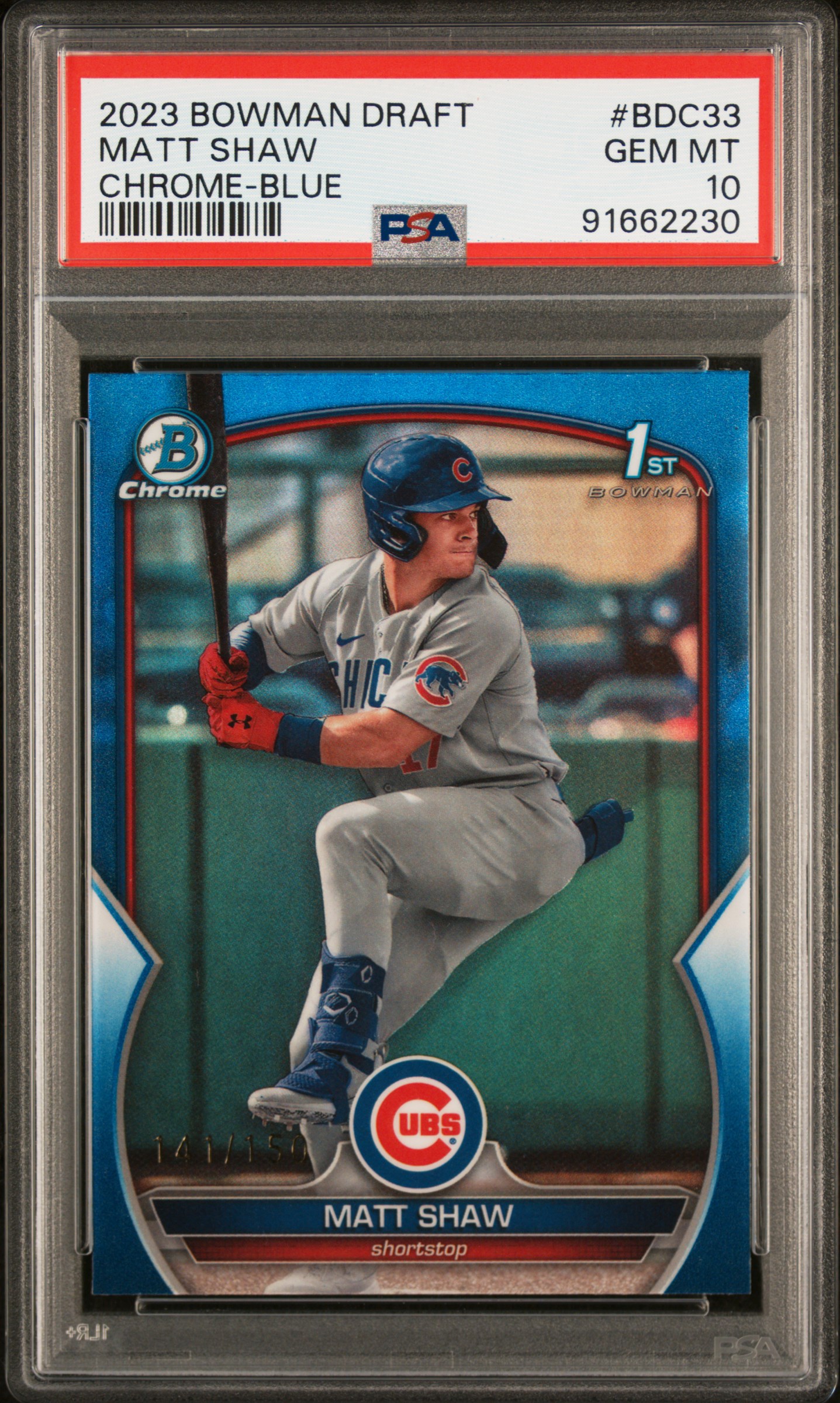 2023 Bowman Draft Matt Shaw #Bdc33 (Chrome-Blue Refractor) Gem Mt 10 front