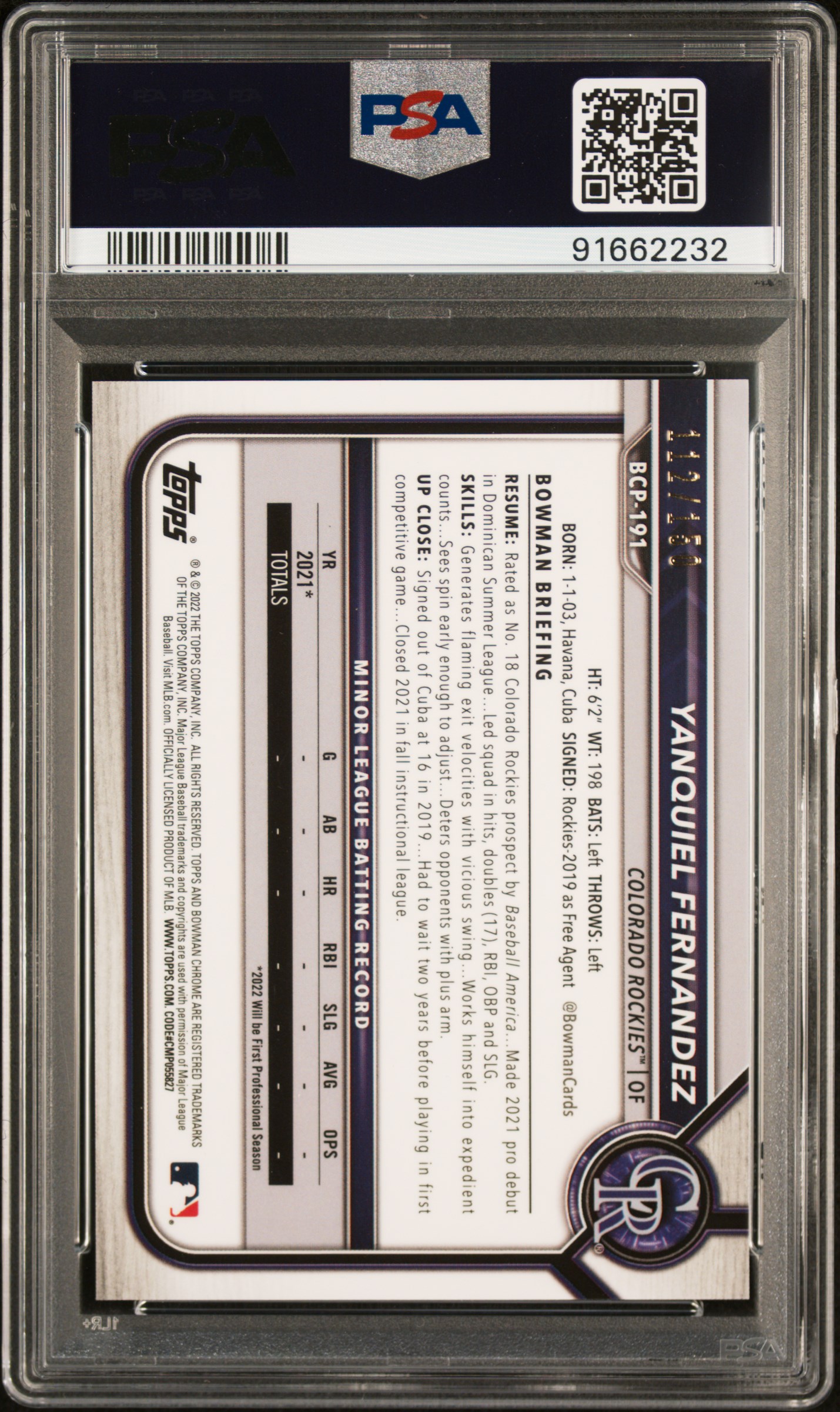 2022 Bowman Chrome Prospects Yanquiel Fernandez #Bcp191 (Pros-Blue Refractor) Gem Mt 10 back