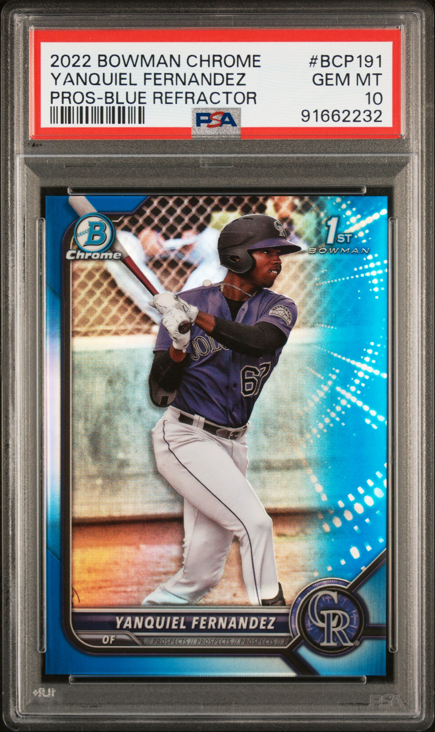 2022 Bowman Chrome Prospects Yanquiel Fernandez #Bcp191 (Pros-Blue Refractor) Gem Mt 10 front