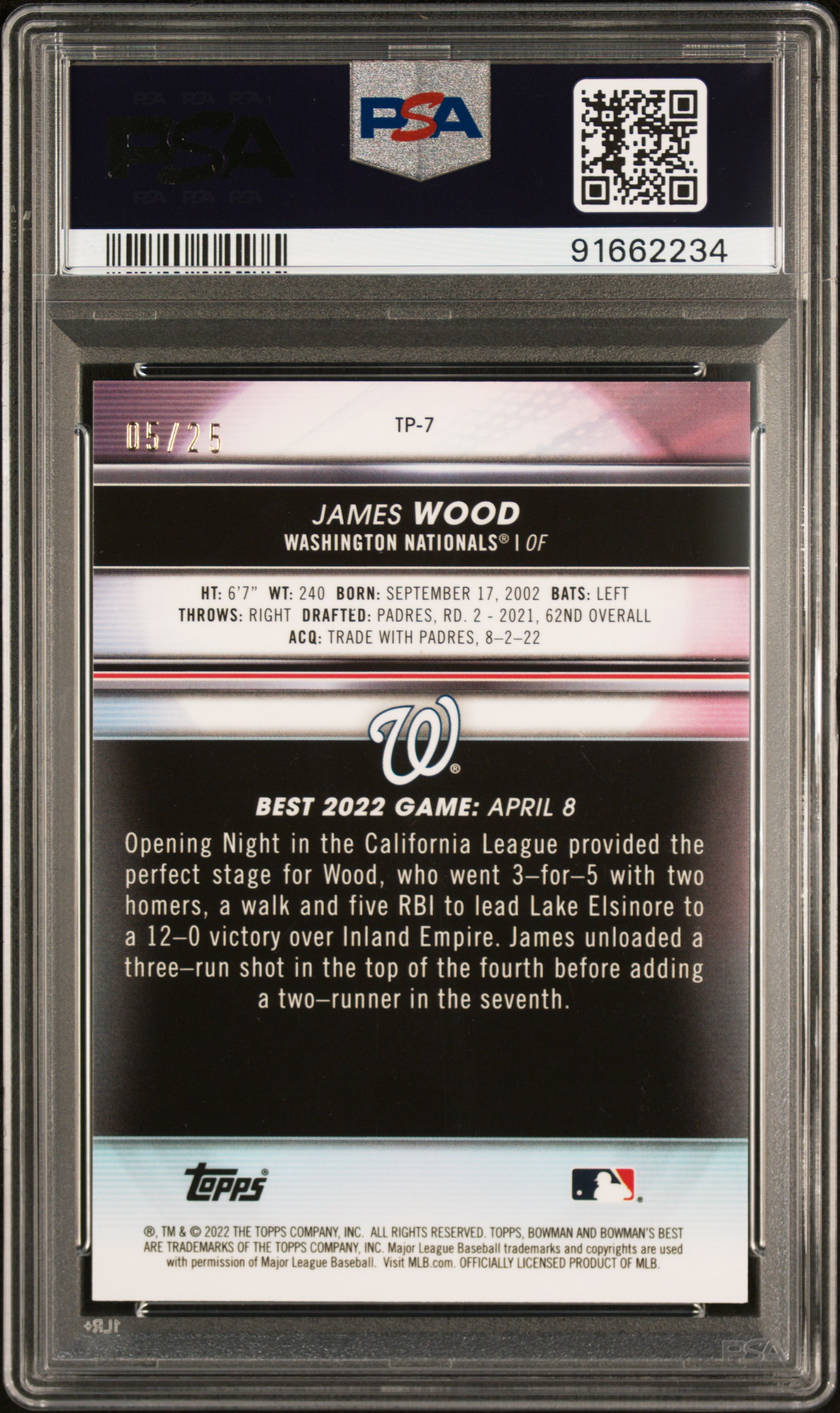 2022 Bowman's Best Top Prospects James Wood #Tp7 (Top Prospects-Orange Ref) Gem Mt 10 back