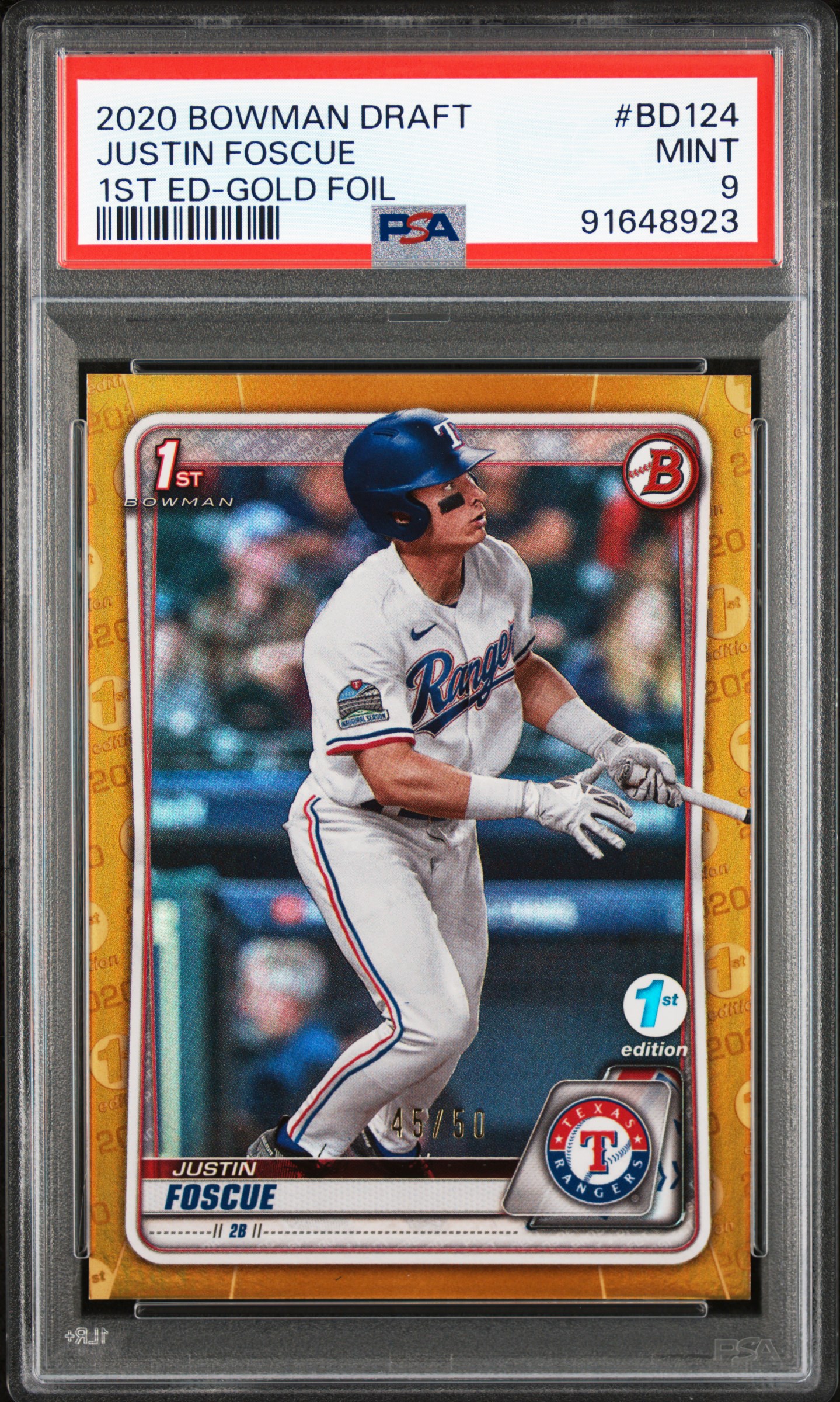 2020 Bowman Draft 1St Edition Justin Foscue #Bd124 (1St Ed-Gold Foil) Mint 9 front