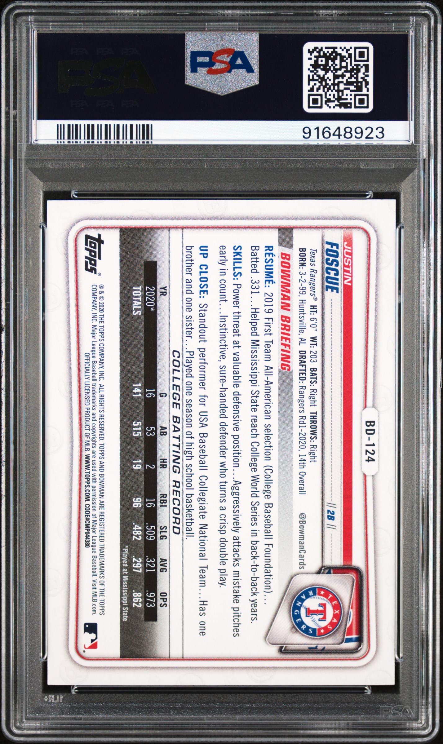 2020 Bowman Draft 1St Edition Justin Foscue #Bd124 (1St Ed-Gold Foil) Mint 9 back