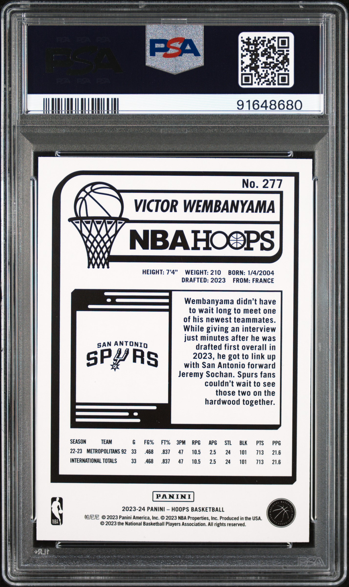 2023 Panini Nba Hoops Victor Wembanyama #277 (Purple) Mint 9 back