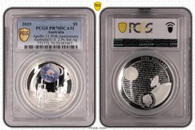2019 $5 Apollo 11 50th Anniversary Australia/U.S. 2 Pc Set Ag PR70DCAM