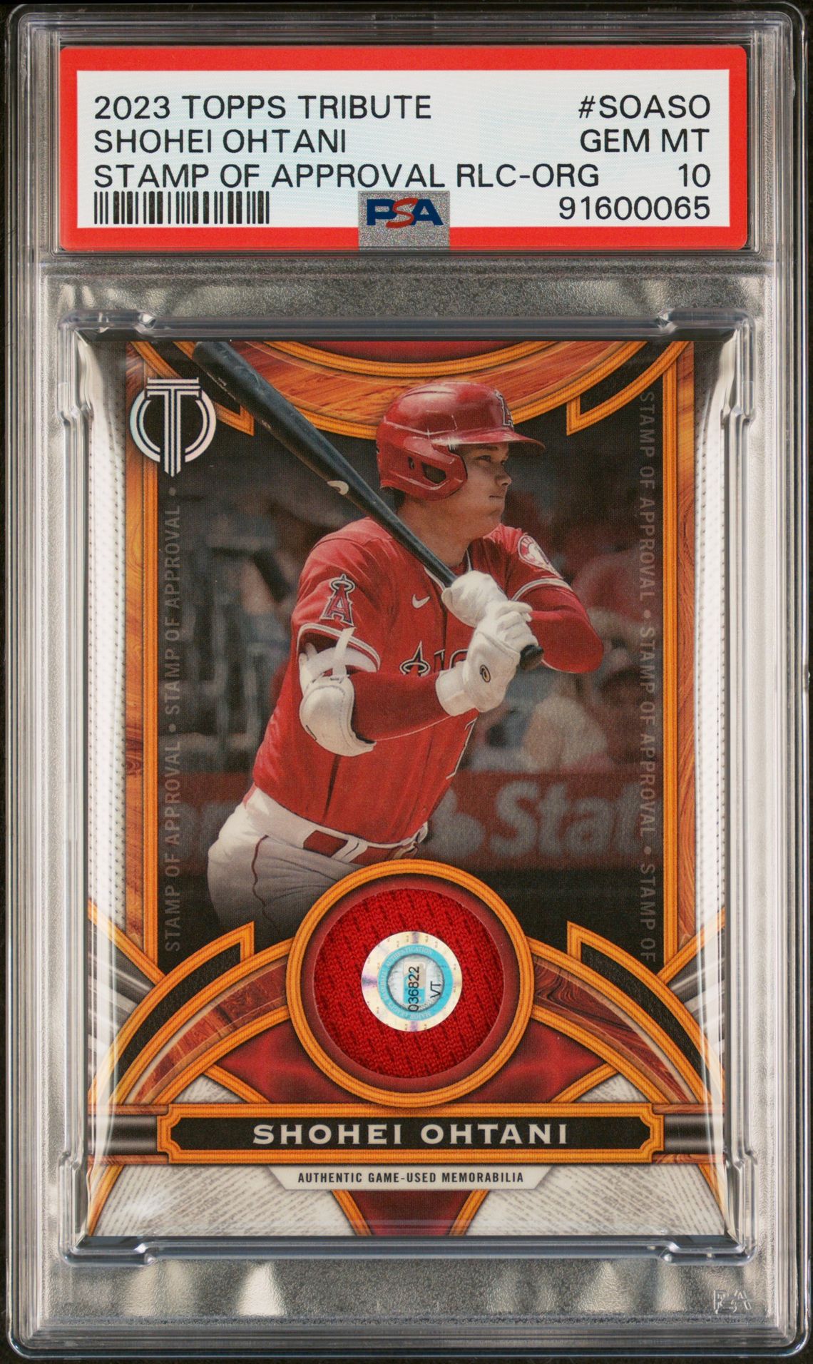 2023 Topps TOPPS TRIBUTE STAMP OF APPROVAL RELIC STAMP OF APPROVAL RLC-ORG #SOASO Shohei Ohtani front