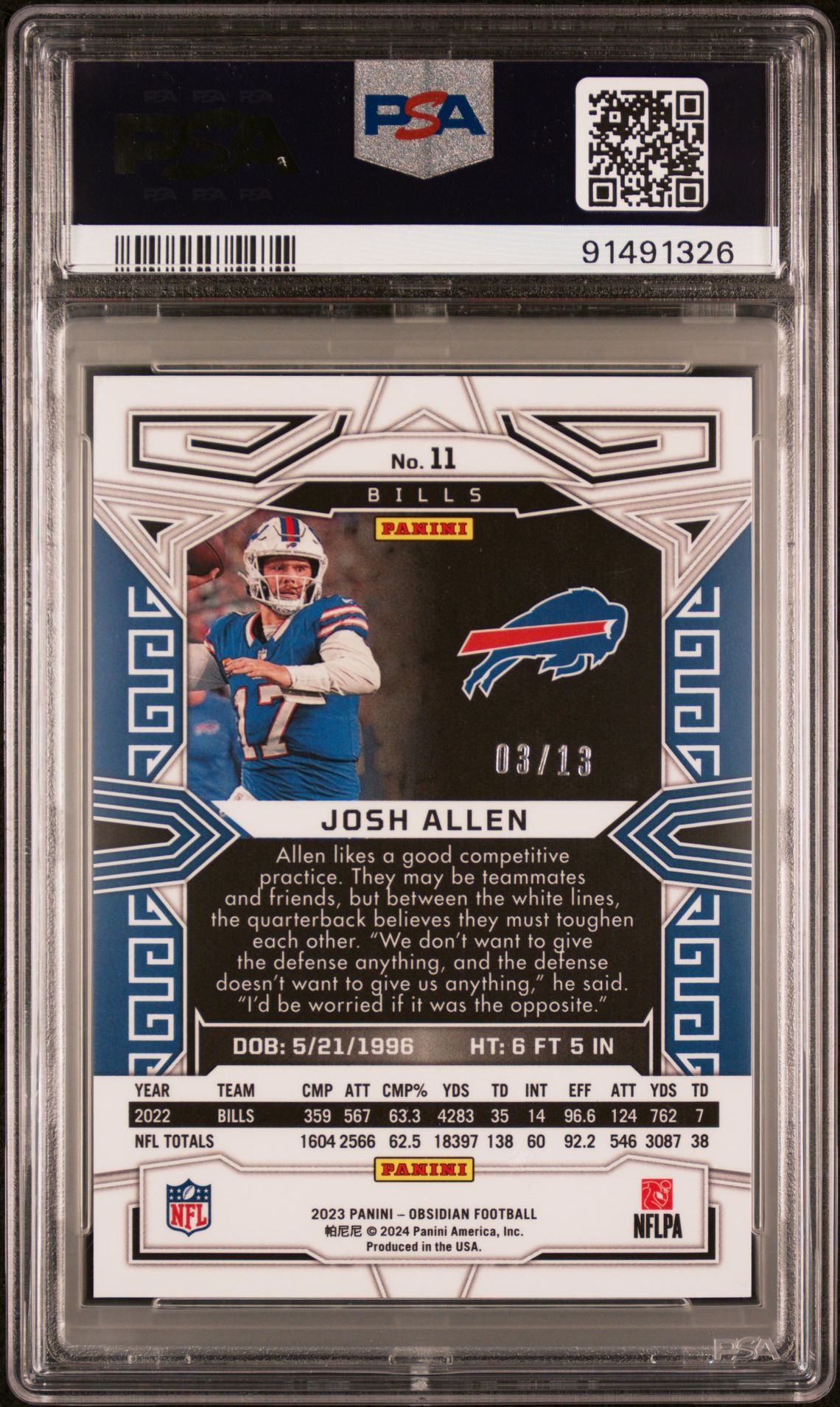 2023 Panini Obsidian Josh Allen #11 (Ee Purple Flood Fotl) Mint 9 back