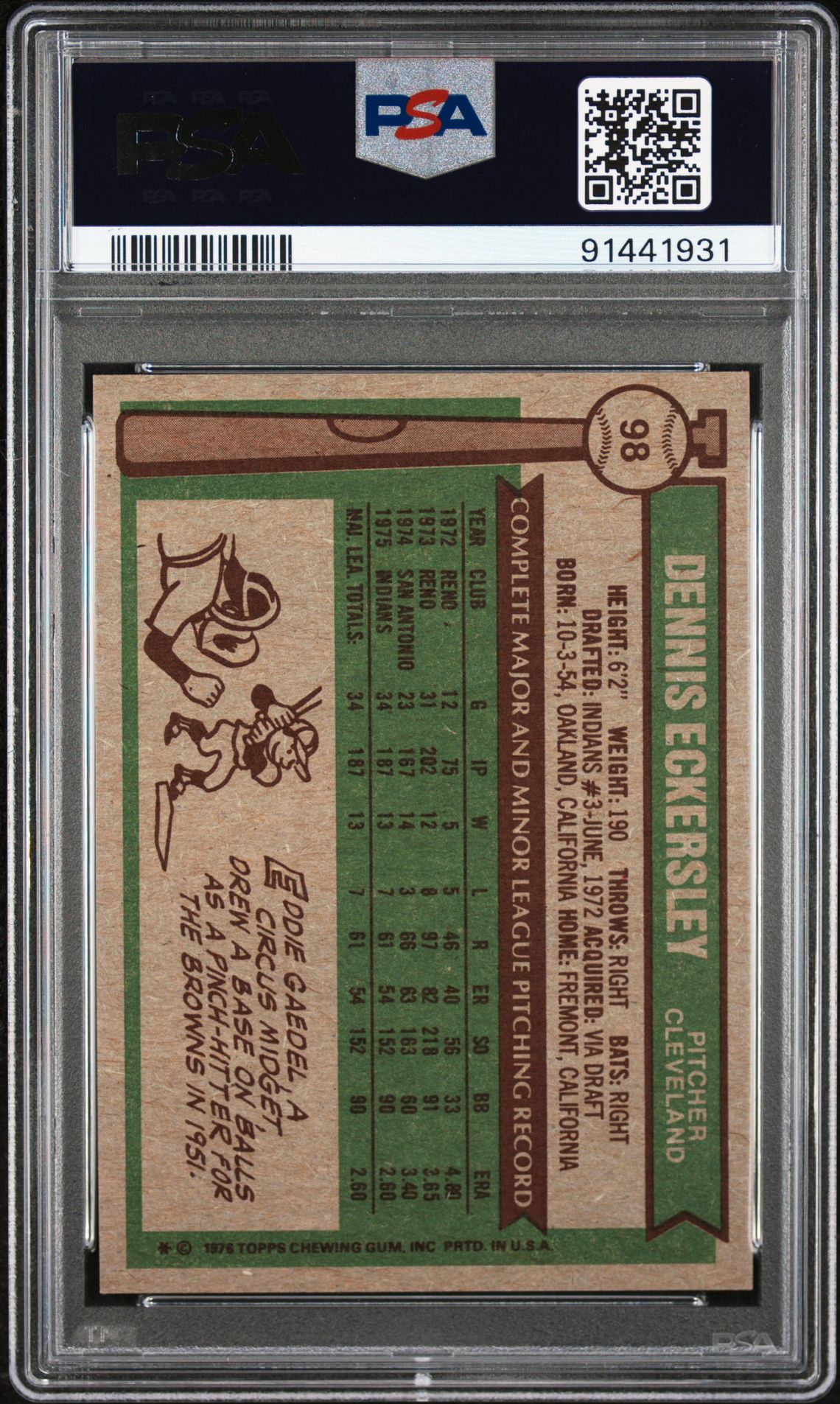 1976 Topps Dennis Eckersley #98 Nm-Mt 8 back